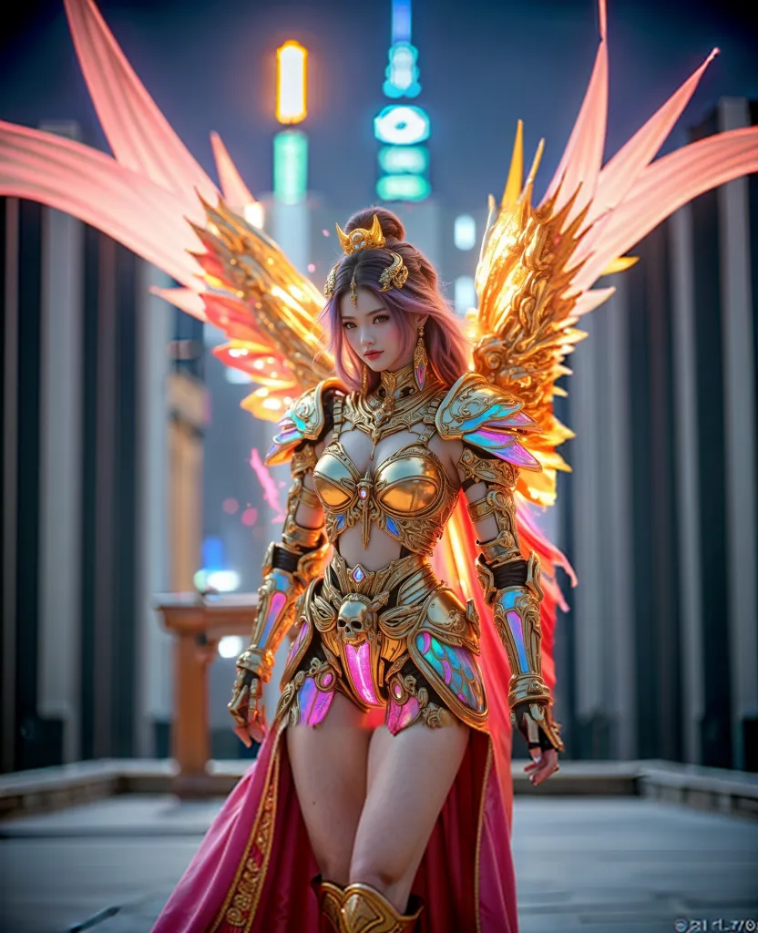 (best quality, masterpiece, colorful, dynamic angle, from below, highest detailed)upper body photo, full body photo, fashion photography of cute mechangel, glowing 4 wings, solo, glowing armor, glowing halo, building, glowing mechanical 4 wings (intricate details, hyperdetailed:1.15), detailed, light passing through hair, (official art, extreme detailed, highest detailed), HDR+
