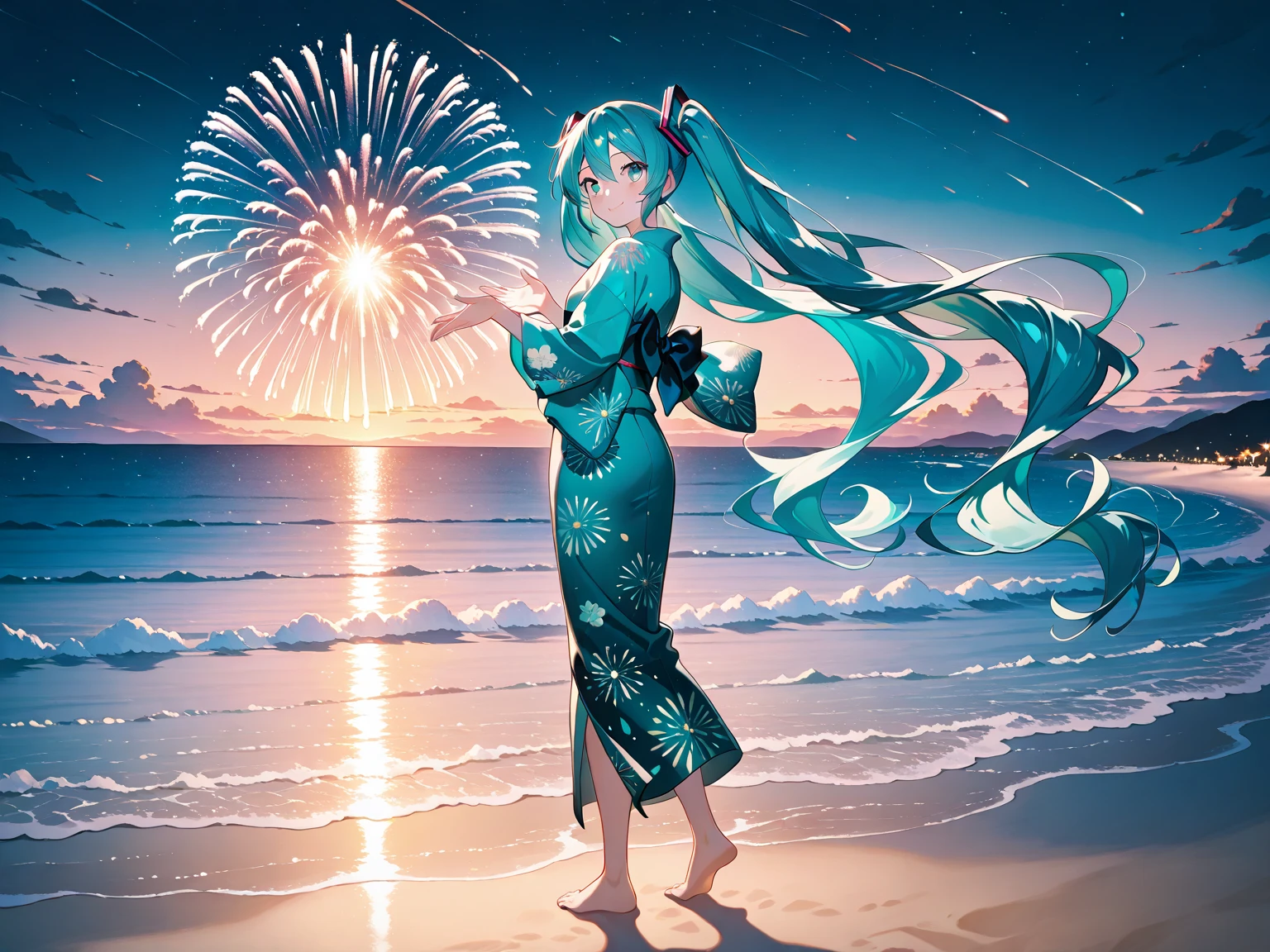 Vast night sky pictures,((Top quality:1.4),(Unparalleled masterpiece),Night Sky: 1.4,(Fireworks: 1.4, Aerial Fireworks: 1.4), highly detailed 8k CG unit,,Bokeh,Depth of field,, Beach, Sea, Volumetric Lighting,(Dynamic Composition: 1.4),Bikini girl standing on the beach, character 0.3, Very detailed, Colorful details, (Iridescent: 1.2), (glow illumination, atmosphere lighting), dreamy, magical, (solo: 1.2),