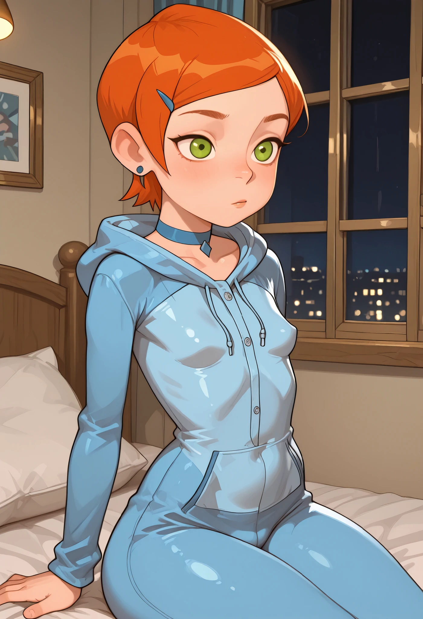 Gwen Tennyson . ginger . short hair . green eyes . flat breasts, flat chest, huge hips . slim body . choker . | One-piece hooded pajamas in tiger bed style. bedroom. dimmed lights. window. look out the window. Sitting on the bed