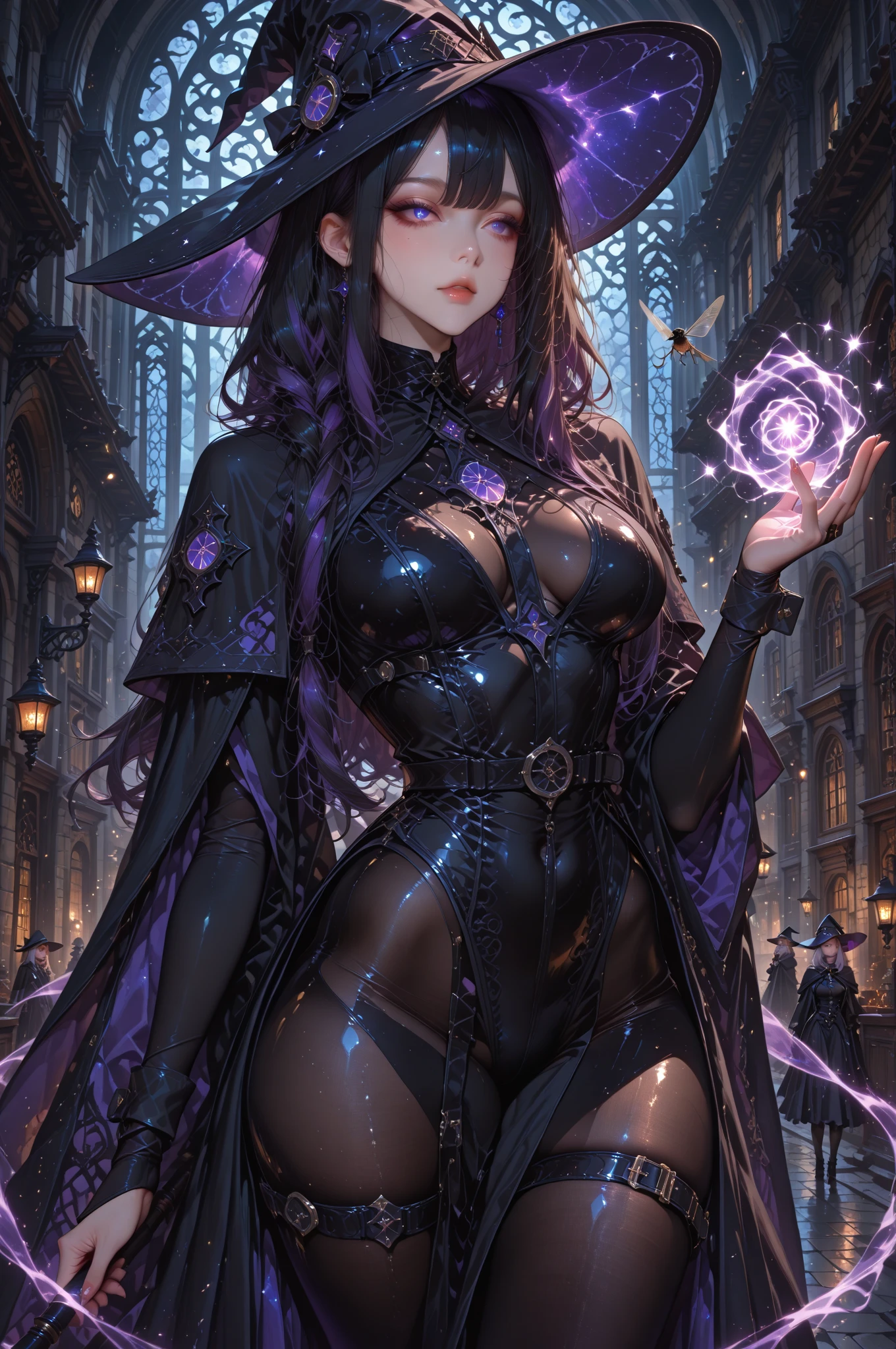best quality,ultra-detailed,realistic,portrait,Dark mystical sorceress,detailed eyes,luscious lips,mysterious smile,fierce gaze,flowing dark hair,sorcerer's staff,glowing magical runes,black satin robe,latex corset,long gloves with intricate lace,thigh-high boots,standing on a moonlit cliff,bat-like wings unfolding in the night sky,dark forest in the background,mystical energy surrounding her,enchanted amulet,spellcasting with intense focus,casting dark spells,holding a crystal ball with swirling smoke,ominous atmosphere,shadowy creatures lurking in the shadows,dark magic running through her veins,magical aura illuminating the surroundings,moonlight filtering through the trees,subtle moonlit glow on her skin,subtle shades of purple,blue and black,ethereal beauty, seductive yet dangerous,vibrant colors contrasting with the dark backdrop,spellbinding enchantress,masterpiece:1.2