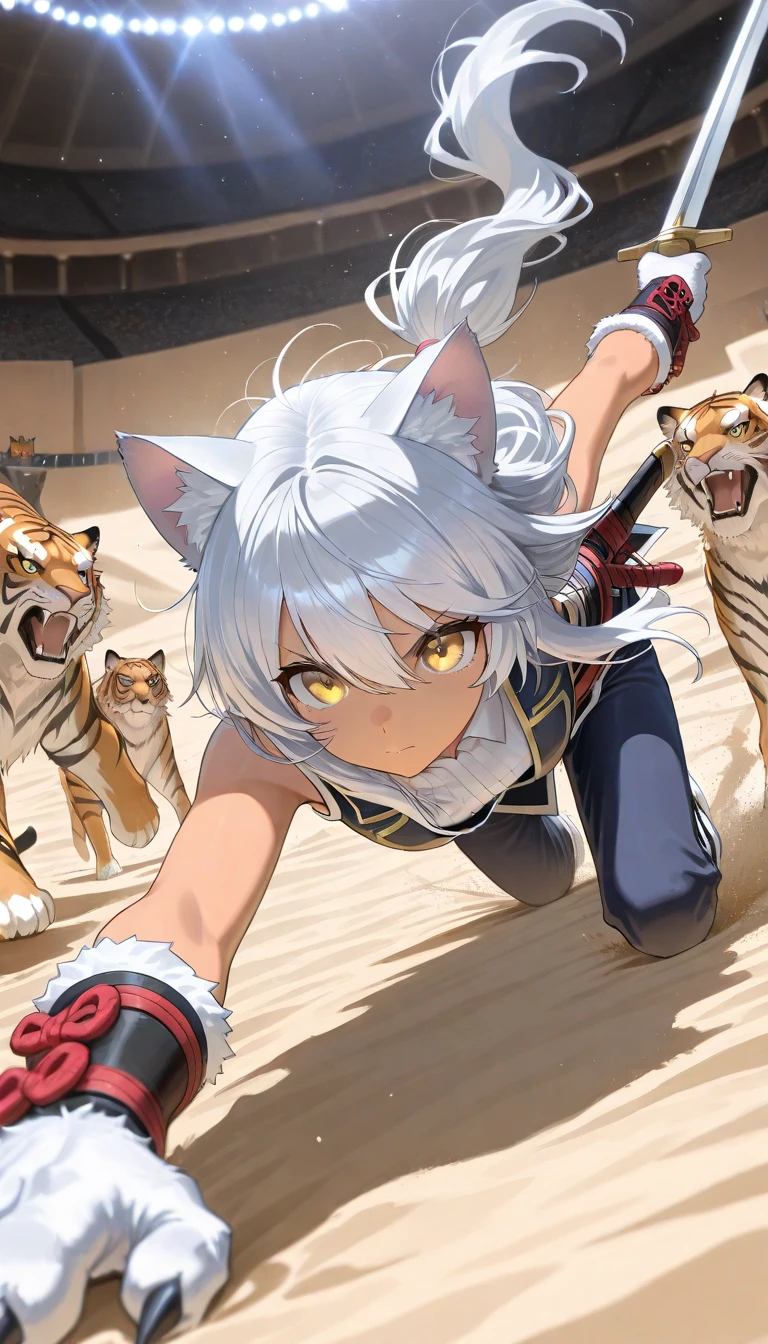 (masterpiece:1.2, Best Quality), (finely detailed beautiful eye: 1.2), (beautiful detailed face), action pose, dynamic angle, light particles, messy hair, yellow eyes, cat ears, cat claws, fluffy cat tail, running on all fours, fighting tigers, eyebrows furrowed, upper body, long hair, gray hair, low ponytail, light skin, yellow eyes, gray sleeveless vest with white frill trim,thin, light gray sleeveless shirt, dark blue trousers, thin legs, thin thighs, dark red swordbelt, sword sheathe, arena, sand pit, tan walls, tigers, surrounded by tigers, swirling dust, 