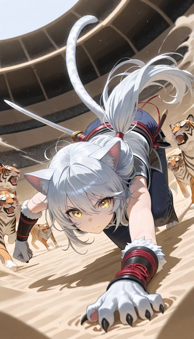(masterpiece:1.2, Best Quality), (finely detailed beautiful eye: 1.2), (beautiful detailed face), action pose, dynamic angle, light particles, messy hair, yellow eyes, cat ears, cat claws, fluffy cat tail, running on all fours, fighting tigers, eyebrows furrowed, upper body, long hair, gray hair, low ponytail, light skin, yellow eyes, gray sleeveless vest with white frill trim,thin, light gray sleeveless shirt, dark blue trousers, thin legs, thin thighs, dark red swordbelt, sword sheathe, arena, sand pit, tan walls, tigers, surrounded by tigers, swirling dust, 