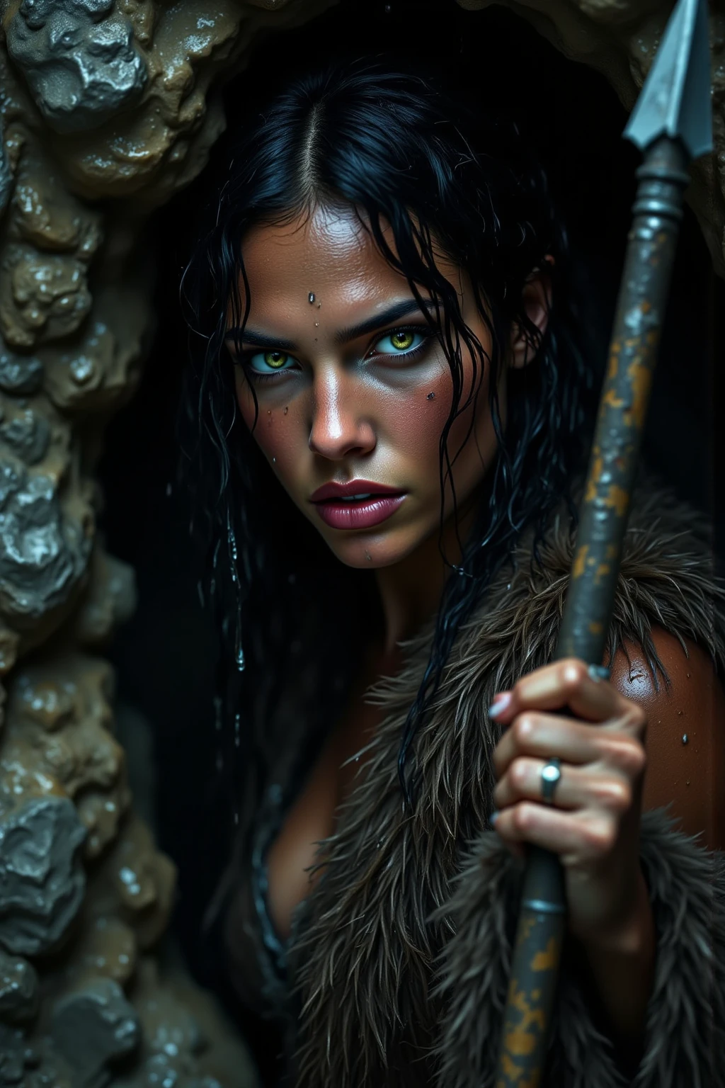 A beautiful forest ninja, Greek goddess, demi goddess, wet hair, large breasts, dry leaf clothing, camouflaged, wet skin, skin details, well detailed face, Nordic makeup, well detailed light eyes, slippery, sensual, wet body, thin waist, thick legs, covered in mud and dry leaves, forest, dry branches, night, dramatic effect, a shadowy background forest with an intense fog, ultra realistic and detailed, best quality, 32K, amazing photography, natural night light, movie directed by Peter Jackson twilight wide-angle lens::20 H.R Giger::20 --air 2048:1536 --iw 1.3 --s 300 --v 5.1 --raw style