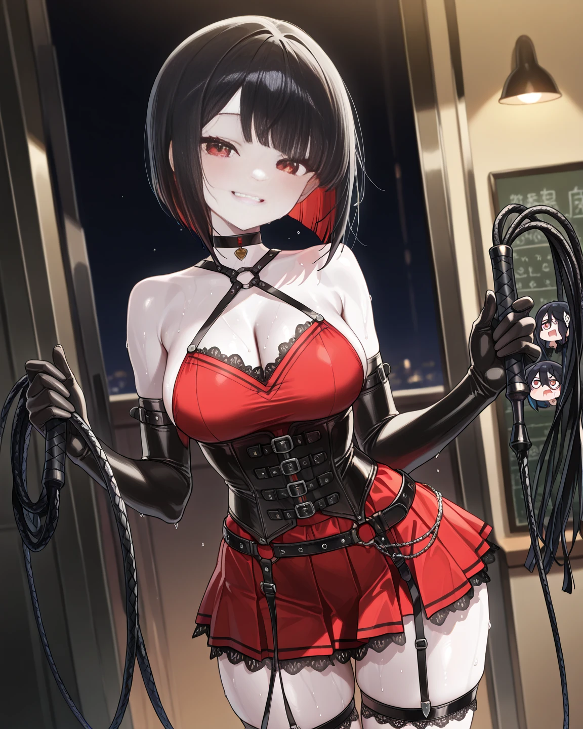 nsfw, fishnets, ((solo, solo focus, solo girl,1girl))++,(evil dominatrix Marinette Dupain-Cheng Ladybug)+++,low_twintails, red_hair, two tone hair, multicolored_hair, black_hair, solo, short_hair, high_heels, garter_straps, thighhighs, piercing, bare_shoulders, collar, nipple_piercing, red_eyes, thioots, corset, boots, lips, small_breasts, standing, looking_at_viewer, no_panties, gloves, makeup, garter_belt, full_body, lipstick, black_legwear, thighs, thick_thighs, parted_lips, coat, shiny, cleavage, dress, strapless, black_footwear, evil_red_eye, background, large_breasts, areolae, shiny_skin, choker, grey_background, red_lipstick, black_gloves, blush, pubic_hair, detached_sleeves, no_bra, cumdrip, personification, high_heel_boots, black_lipstick, tattoo, elboloves, eyeshadow, bdsm, smoking, bangs, watermark, off_shoulder, strapless_dress, paris background