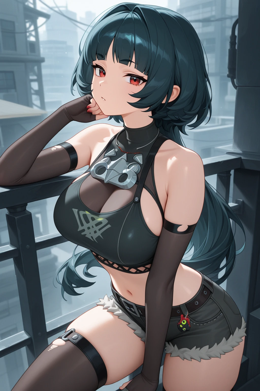 One woman,Big Breasts,Long black hair ponytail,Tank top showing underboob,Shorts,Open Finger Gloves