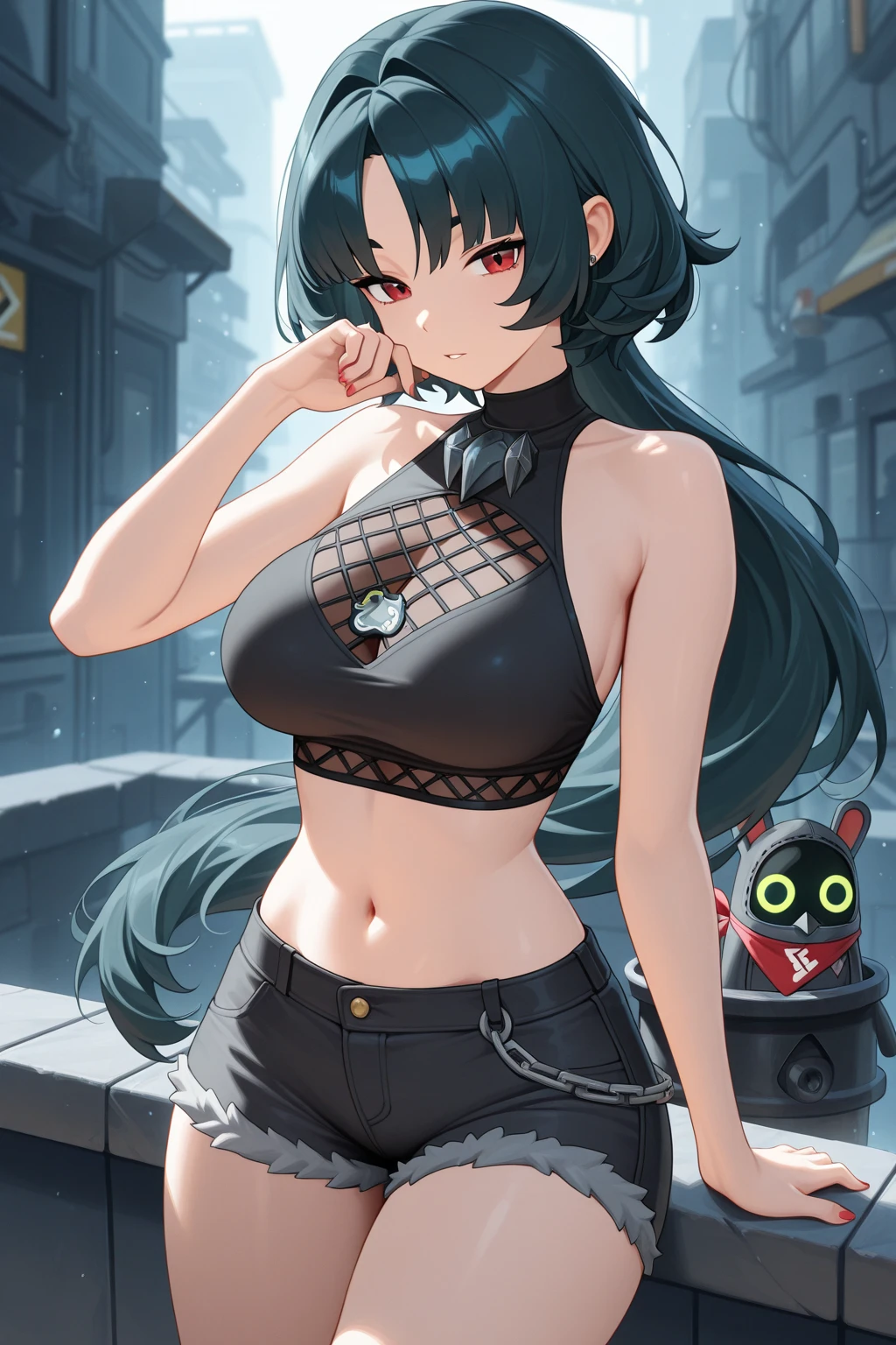 absurd res, high res, (masterpiece:1.4), ultra-detailed, girls, from front, space, floating, dark black kimono, dark green + black dress, black bra, light black hair, yellow eyes, hands out of frame, furry ears, slightly open kimono, fox ears, medium breasts, boobs, yellow eyes, kimono falling from shoulders, bare shoulders, bare legs