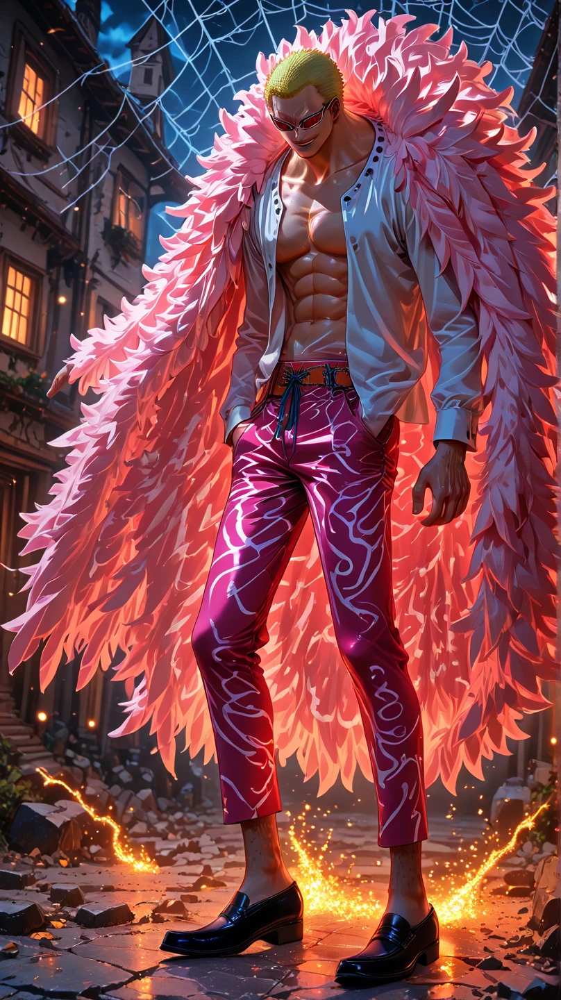 Pink colored <lora:BarbieCore:0.8> BarbieCore male wearing a holographic pink jumpsuit with a feathered boa, sequined bowtie, and roller skates, (shiny plastic:0.8), (pink plastic:0.9), anime style