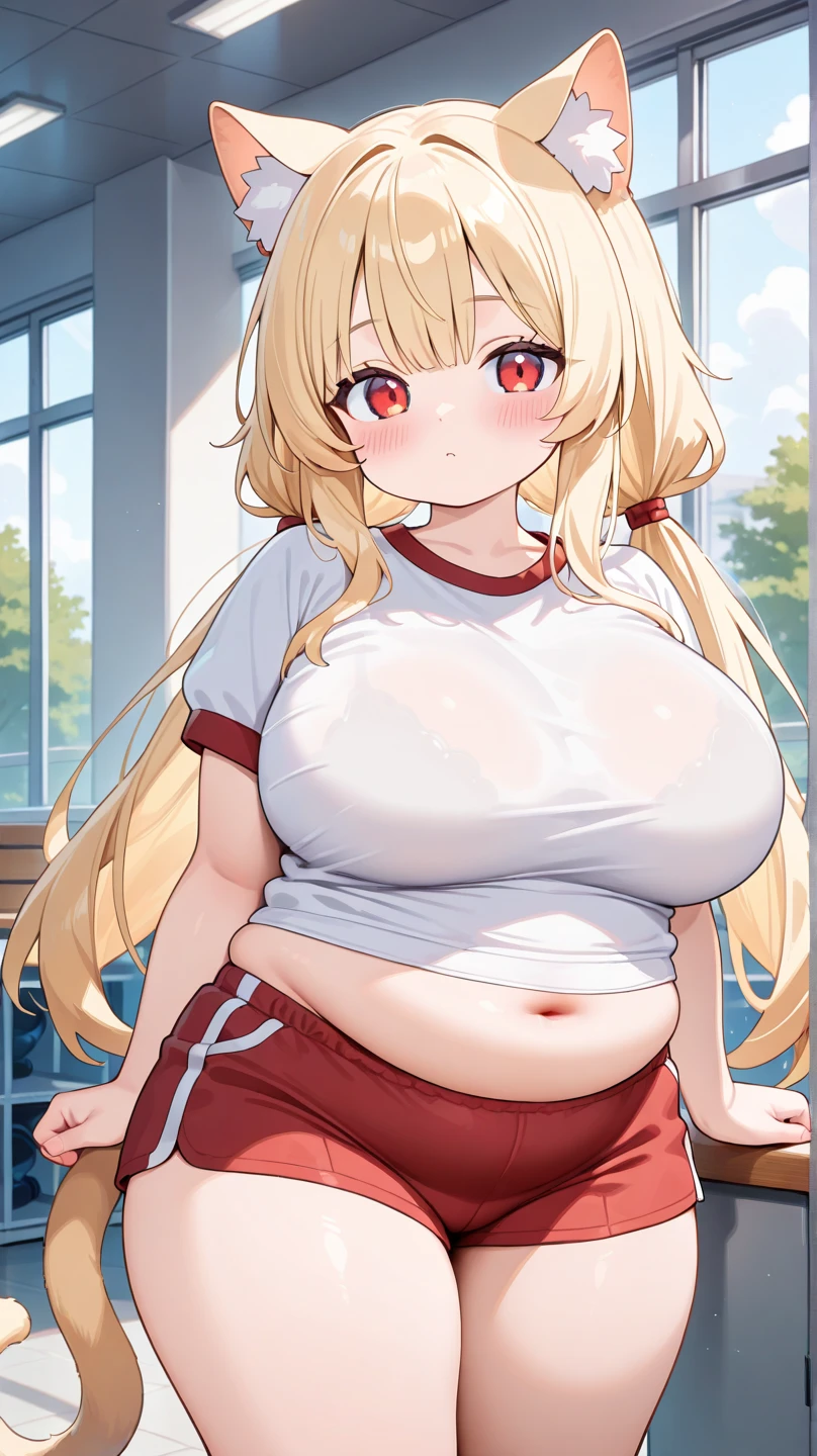 (masterpiece, best quality, highly detailed), 1girls, big belly, huge belly, art by kipteitei, round belly, chubby, curvy, belly grab, enormous belly, fat belly, thicc, bigger belly, really big belly, jiggly belly, glasses, ((extremely thight gym clothes)), (??? on belly), smug face, sitting, ((full body)), long hair, ((dominant)), (giantess), Flandre scarlet
