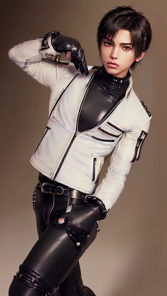 Final fantasy taste and reality graphics, Japanese young cute and cool ikemen boy, his age is early 20s, thin eyebrows and beady eyes, he wearing off white color leather thick material jacket, jacket is singlebrest, biker style jacket, with epaulet, jacket is long sleeve, must close the front of the leather jacket, , voluminous leather jacket, ,must jacket is high length and stand-up collar with two belts, jacket is a little black color line pattern,close the front of the jacket, also wearing black thick material turtleneck lackluster shirts, tight black leather pants, black leather tight and thin glove, black leather knee-high raceup boots,must views head-to-toe,must views whole body, boy looks like fashion model,Do not show skin from the neck down,leather jacket leather glove and leather pants have few wrinkles,boy in the prison room, Avoid showing your innerwear,zip up jacket fastner.
Boy touching owns private parts with right hand.
Bous face is expression of ecstasy.