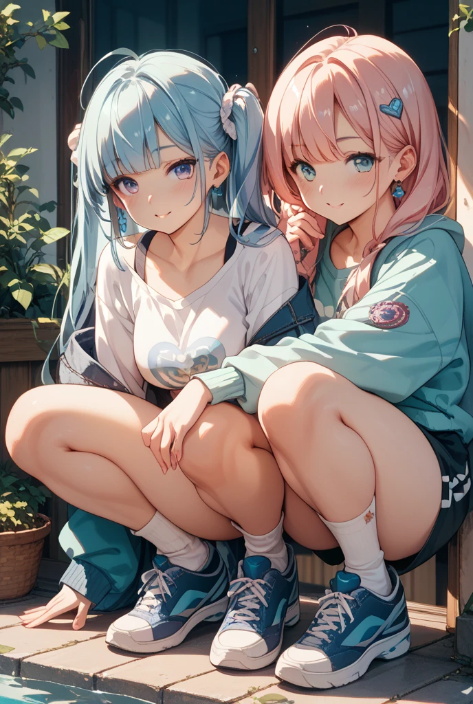 Girl 1,Girl 2,Undressed clothes,Rapper,Jacket,Tank top,hat,belly button,No panties,Pissing, pissing, pissing, dripping pussy juice,Grinning face,Light blue pink hair color,Background lily,crowd,CountrysideOutdoorJapan,Spread your legs,Two duos,Quiet face,Exhibitionism,Face-to-face sitting position