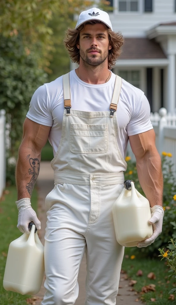 Young handsome cute beautiful white face skinny shirtless naked with short overalls gardener cutting grass on a grass cutting machine hat