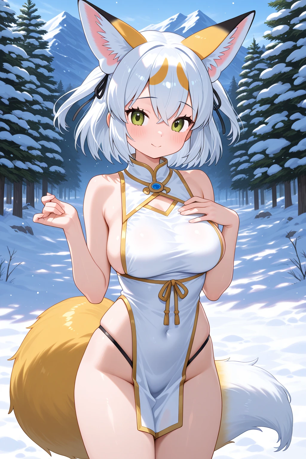 kiyola2st, low-tied long hair, horns, hair flower, white gloves, elbow gloves, naked, yellow bow, detached collar, , empty eyes , large breasts, nipple, Running, Heavy snowfall area, frozen, (Sweating profusely, Love juice, Wet Woman, female ejaculation), crying, mountain, Alone, nude, Naked, solo, 1girl, Peeing:, lactation, projectile lactation
