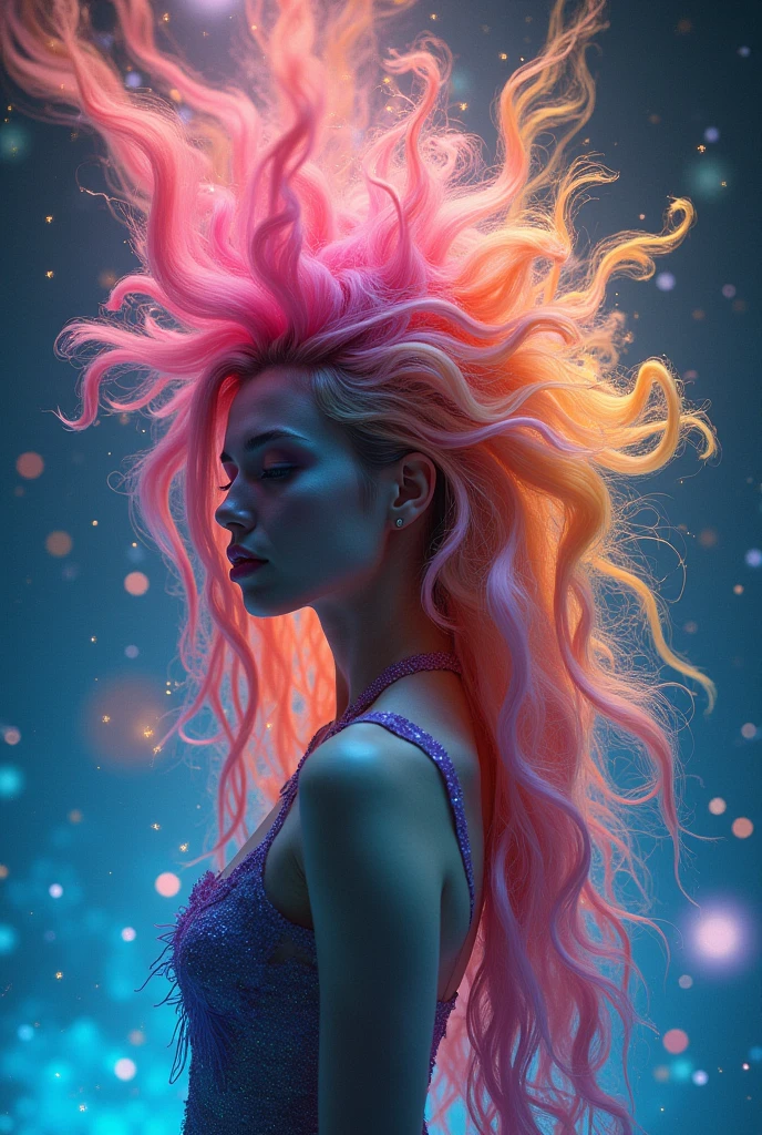 a beautiful woman with long, colorful hair, detailed face, detailed eyes, full lips, detailed facial features, delicate skin, elegant posture, complex elaborate hairstyle, colorful highlights in hair, intricate hair ornaments, decorative hair accessories, high fashion attire, complex elegant dress, detailed fabric textures, dramatic lighting, cinematic camera angle, photorealistic, 8k, hyper detailed, masterpiece, professional studio lighting, vivid colors, realistic