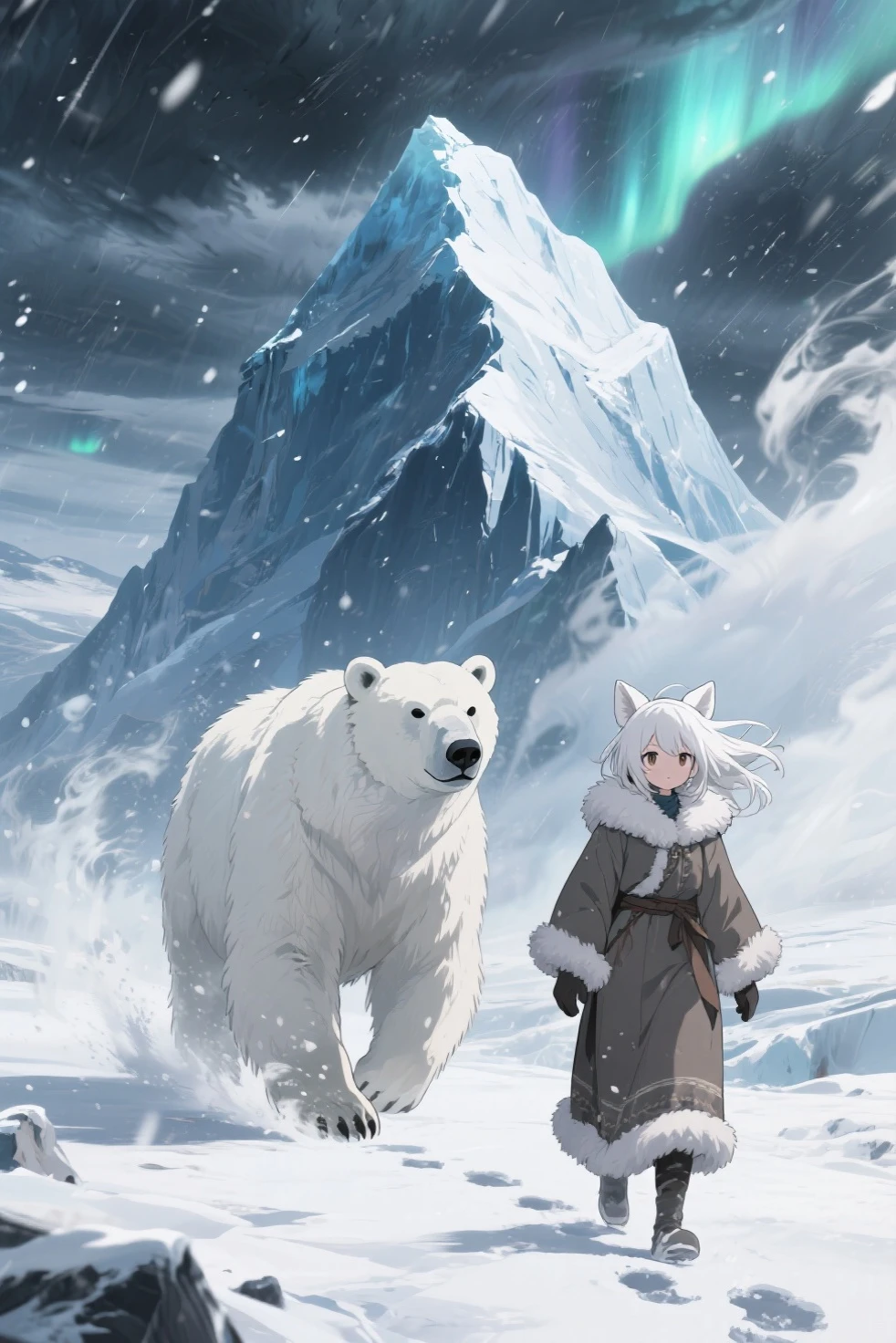 Anime girl with short white hair wearing a polar bear beanie, wearing a blue necklace, blue eyes, wearing a blue hoodie, wears a short black skirt with a few white lines, wearing a bracelet on the thigh, Wearing black boots with blue laces, single character full body, full body portrait, anime full body illustration