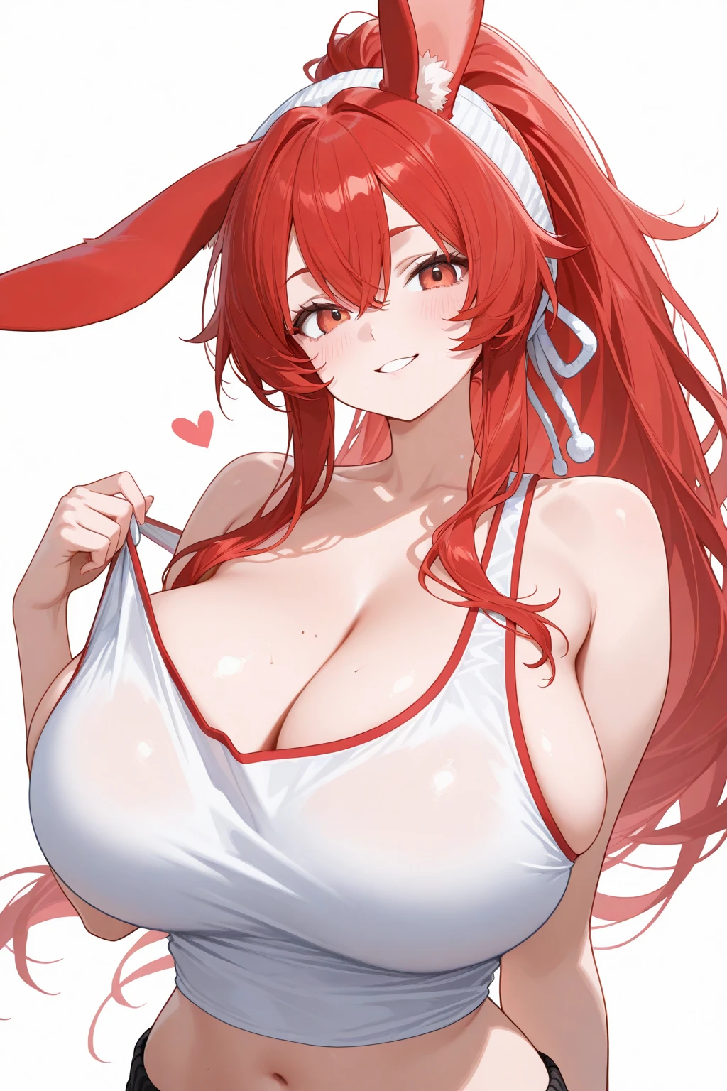 masterpiece, best quality, best quality, masterpiece, highres, focus, anime style, a closeup of a cartoon of a woman, girl design, portrait, giesha, anime image, long hair, red hair, heterochromia eyes, hair covering ears, horny and shy look, giantess, super tight bikini top bra ,super tight cut-out sheath dress, exposed vagina, round thick giant breasts, giant tits, one hand on nipple, erect nipple