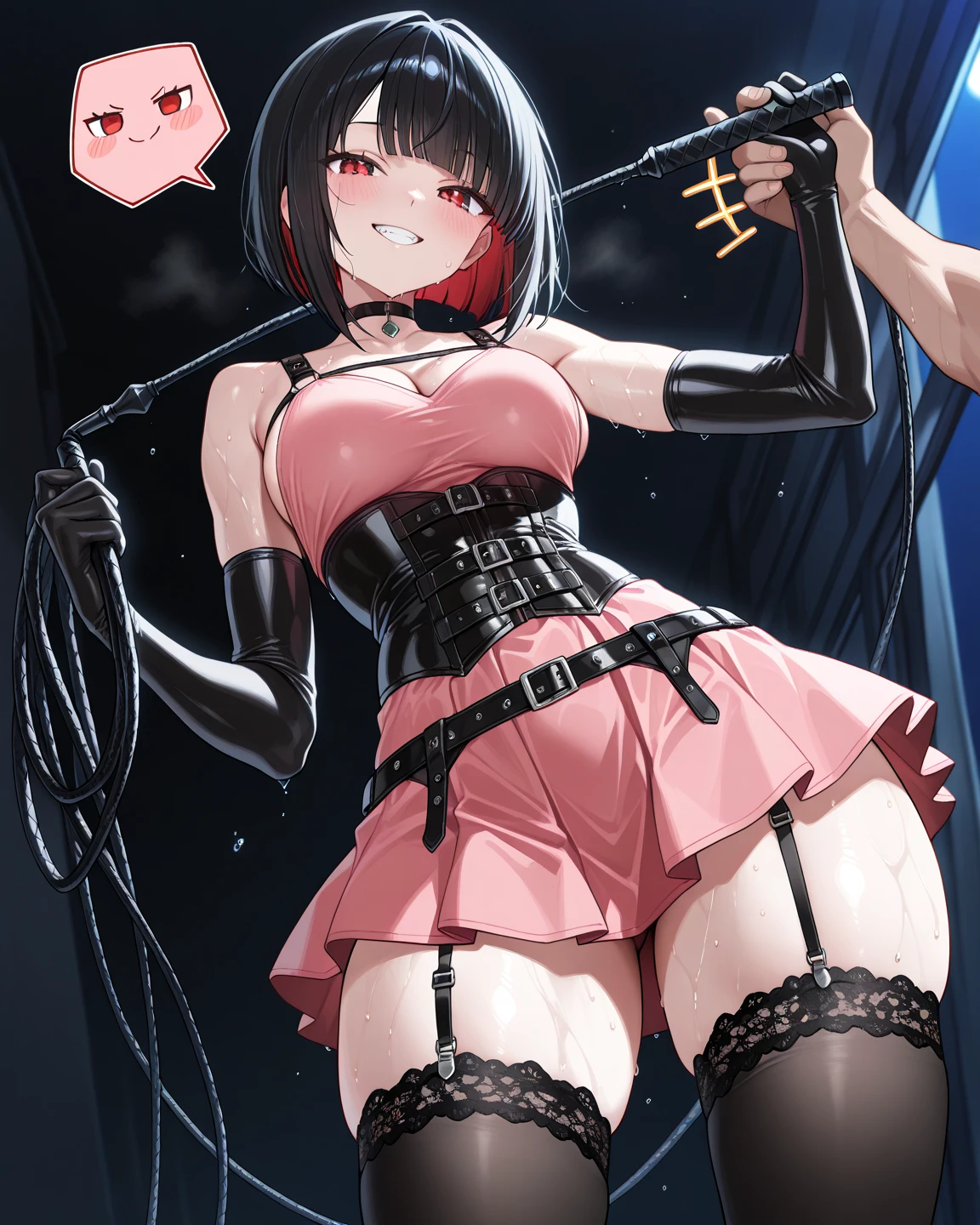 NSFW,masterpiece,Highest quality,High resolution,Super detailed,marnie_\(pokemon\),Aqua Eye, Black Choker, Red ribbon,Black leotard,See-through,Micro Mini Skirt,Removable sleeves,Fishnet tights,Small breasts,expectant face,Frustrated face,Embarrassed,blush,Home at night,entrance,prostitution,From above,greet,Hot,Love juice is dripping from the crotch,heart,Trembling,(Middle-aged men),