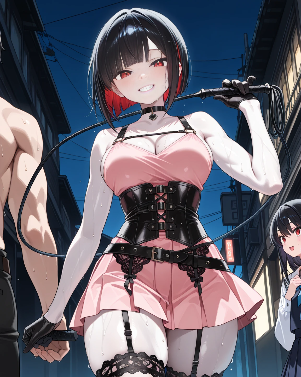 NSFW,masterpiece,Highest quality,High resolution,Super detailed,marnie_\(pokemon\),Aqua Eye, Black Choker, Red ribbon,Black leotard,Micro Mini Skirt,Removable sleeves,Fishnet tights,Small breasts,Be nervous,Embarrassed,blush,Downtown at night,Alley,(Middle-aged men),prostitution