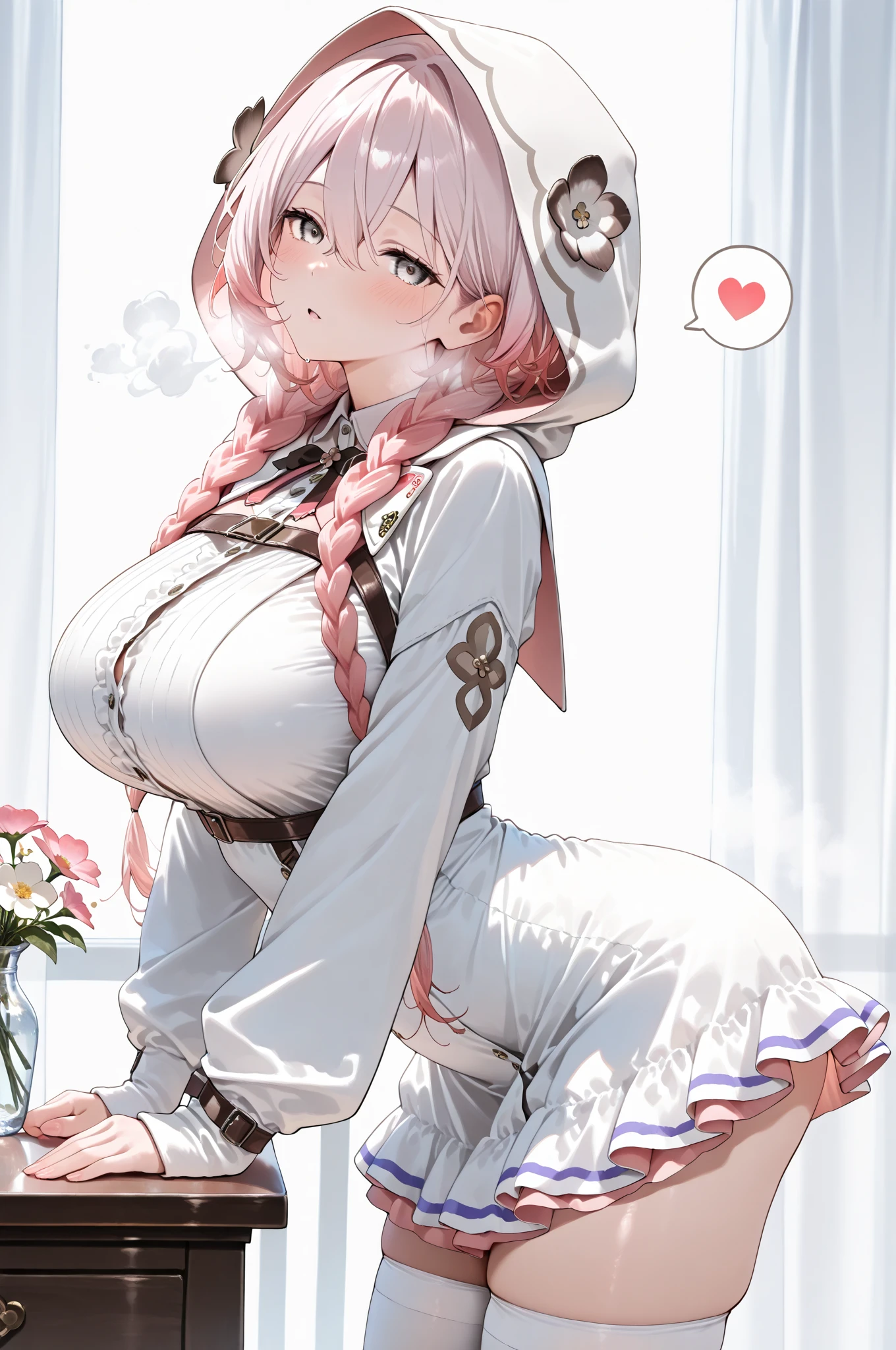 highest quality、High resolution、detailed background、beautiful and detailed face、beautiful and smooth skin、skin texture、Beautiful teenage girl、(huge breasts:1.3)、cute編込みポニーテール、
(pink floral embroidered panties、No bra、under squat down))、show me your pants、panty shot、
(highly exposed)、((virgin killer sweater:1.5)、white knee high socks、white overknee socks、Accessories such as flower hairpins and ribbons、cute、

perfect body line、Well-defined body、emphasize the chest、emphasize cleavage、legs open、He looked at me with a happy expression.、blush、underboob、panty shot、inserting a dildo into the vagina、camel toe