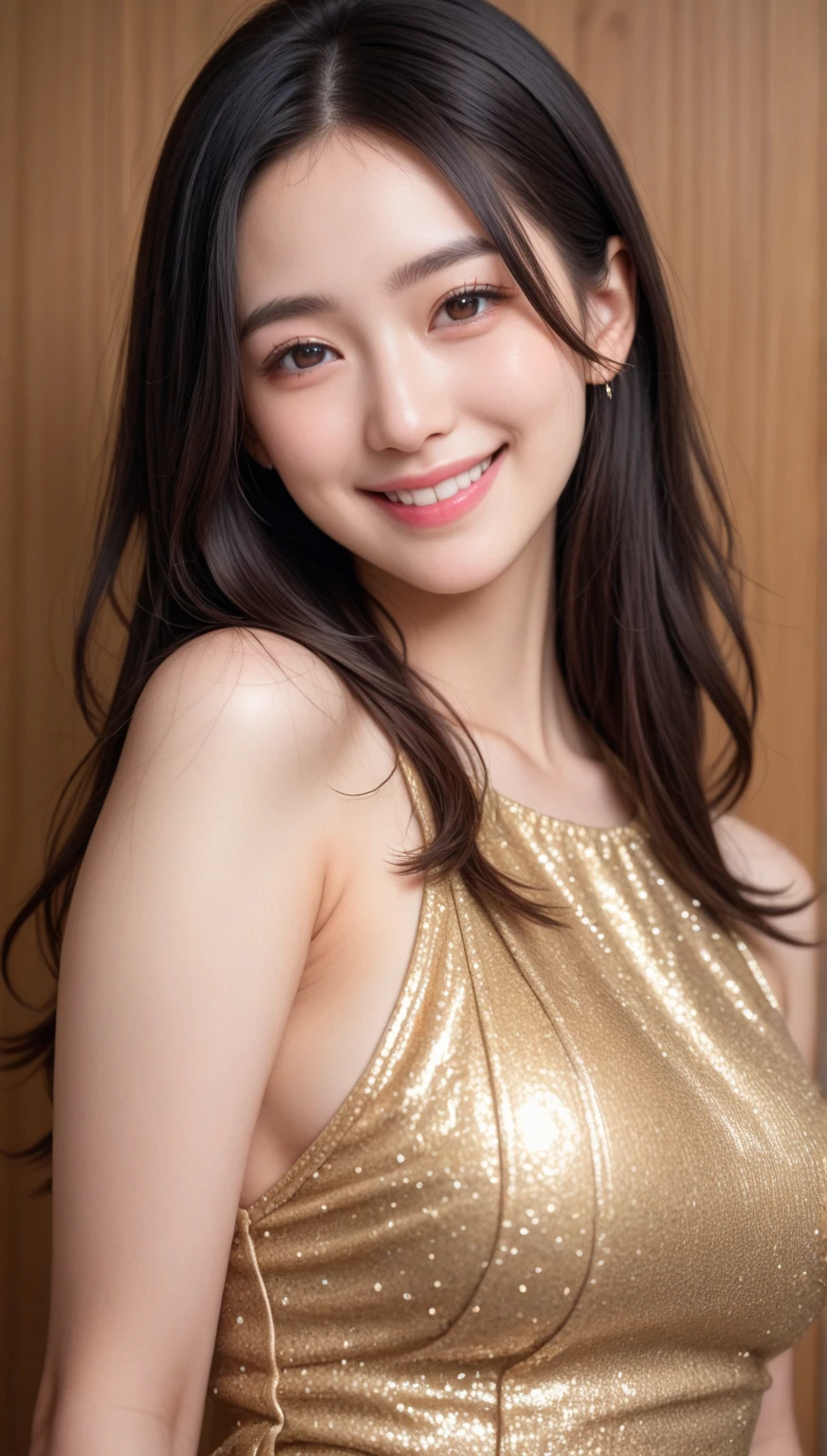 masterpiece,best quality,(Japanese girl),((Beautiful girl)),cleavage,indoor,(perfect body beauty:1.2),(shy smile),beautiful teeth,(oversized shiny silk camisole:1.3)