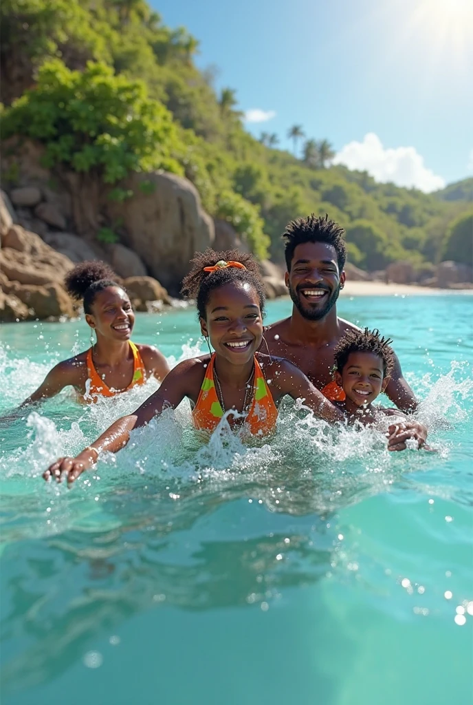 generate a photo of a black man with his beautiful half cast family of wife and brown kids swimming at their pool at the backyard of their home big two house 
