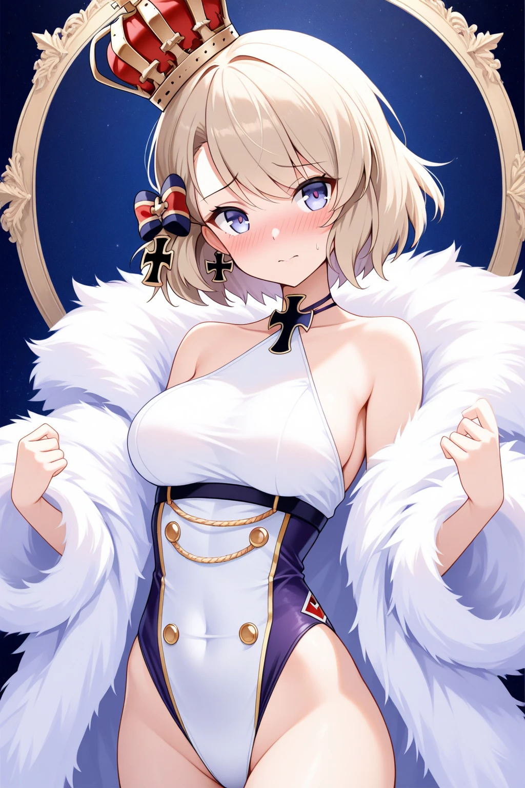 1girl,Sexy pretty girl,shiny gold platinum blonde hair, Bobcut,curly hair、Dog ears、Red sparkling eyes、detailed cute eyes,(glowing eyes:1.4),laugh heartily,((Droopy eyes)),22 years old,posing,skinny body shape,short of a person,smiling open mouth,flushed cheeks,white silk Clothes shirt, sparkle, flowing transparent white,pearls choker,sensual pose,Masterpiece, best quality,(watercolor style illustration),photography,leaf shorts,actress hat,