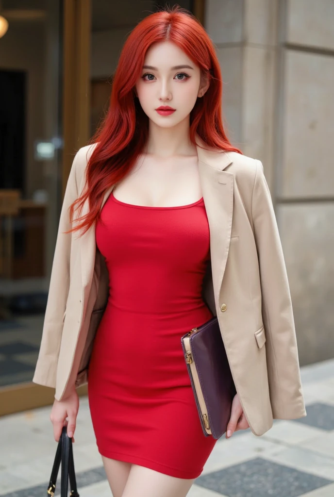 there is a irish woman sitting on a bench in a cafe, artwork in the style of guweiz, photorealistic anime, beautiful anime girl, redhead, red-hair, sexy pose, hyperrealistic irish girl, sex, wearing a dark green suit naked