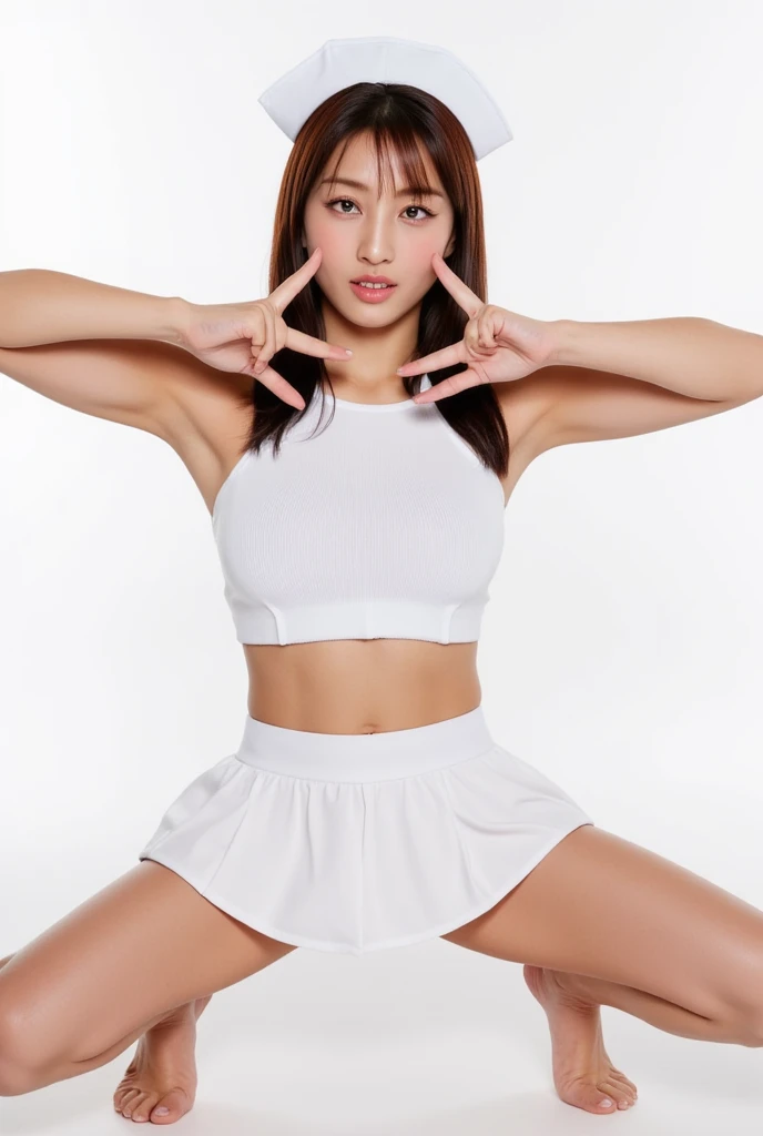 (solo), (a detailed full body RAW photo of a girl), (masterpiece:1.0), (best quality:1.4), (ultra highres:1.2), (photorealistic:1.4), 8k resolution, Canon EOS R5, 30mm, absurdres, ultra detailed, (30year old), sharp focus, cinematic lighting, detailed beautiful face, (no make up:1.2), (ulzzang-6500-v1.1), figure, detailed skin texture, flat chest, (skinny and fit body:1.6), detailed brown hair, sweltering,(very short hair:1.5), very thin see-through wear, (very small and simple and fit nike athletic wear with spandex half tihgts:1.5), low rise, realistic glistening skin, (sweating:1.45), detailed nipples texture, (no bra:1.5), dynamic pose, (bikini tan:1.2), track and field, (small titts, erect nipples:1.3), (full body), sports shoes,(smile:1.3),(six pack:1.2),