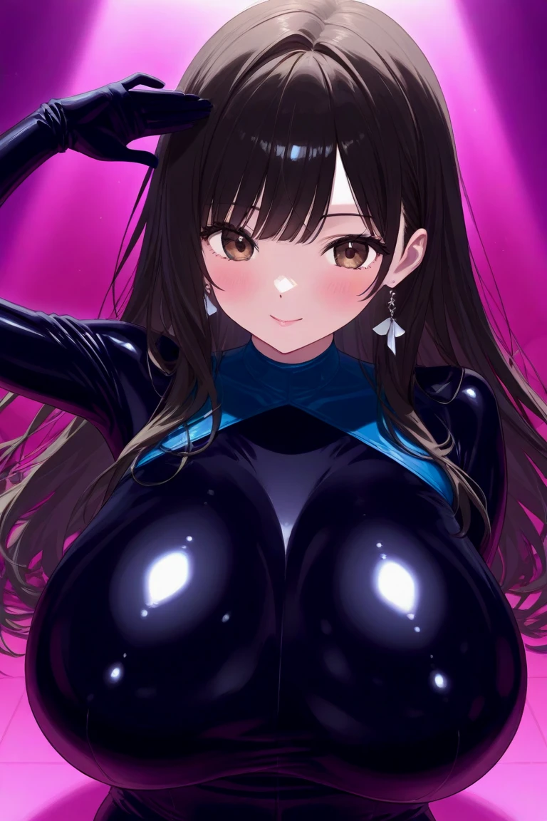 masterpiece, best quality, 1lady,black hair,long hair,glowing eyes, (finely detailed empty pupils and detailed face),,,,extremely detailed picture unity 8k wallpaper,solo,(latex military costume:0.9),large breasts,seductive smile,military hat,latex thighhigh,large breasts,black hair,pink eyes,black leotard,pantyhose,no sleeve,enamel suits,grossy lips,sitting,bust shot,sadistic smile,,heel,sexy pose