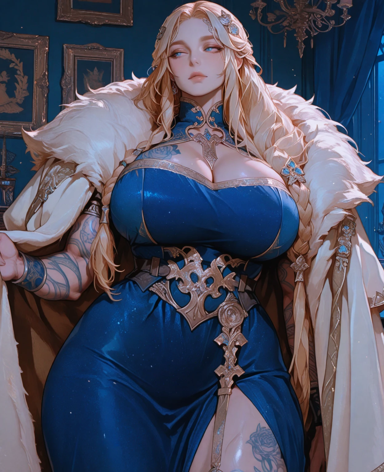 (best quality), (masterpiece), 1 girl, early 20's, huge heavy breasts, busty, massive breasts, thick, thick lips, wide hips, thin waist, defRhea, headdress, hair flower, tiara, blue cape, long white dress