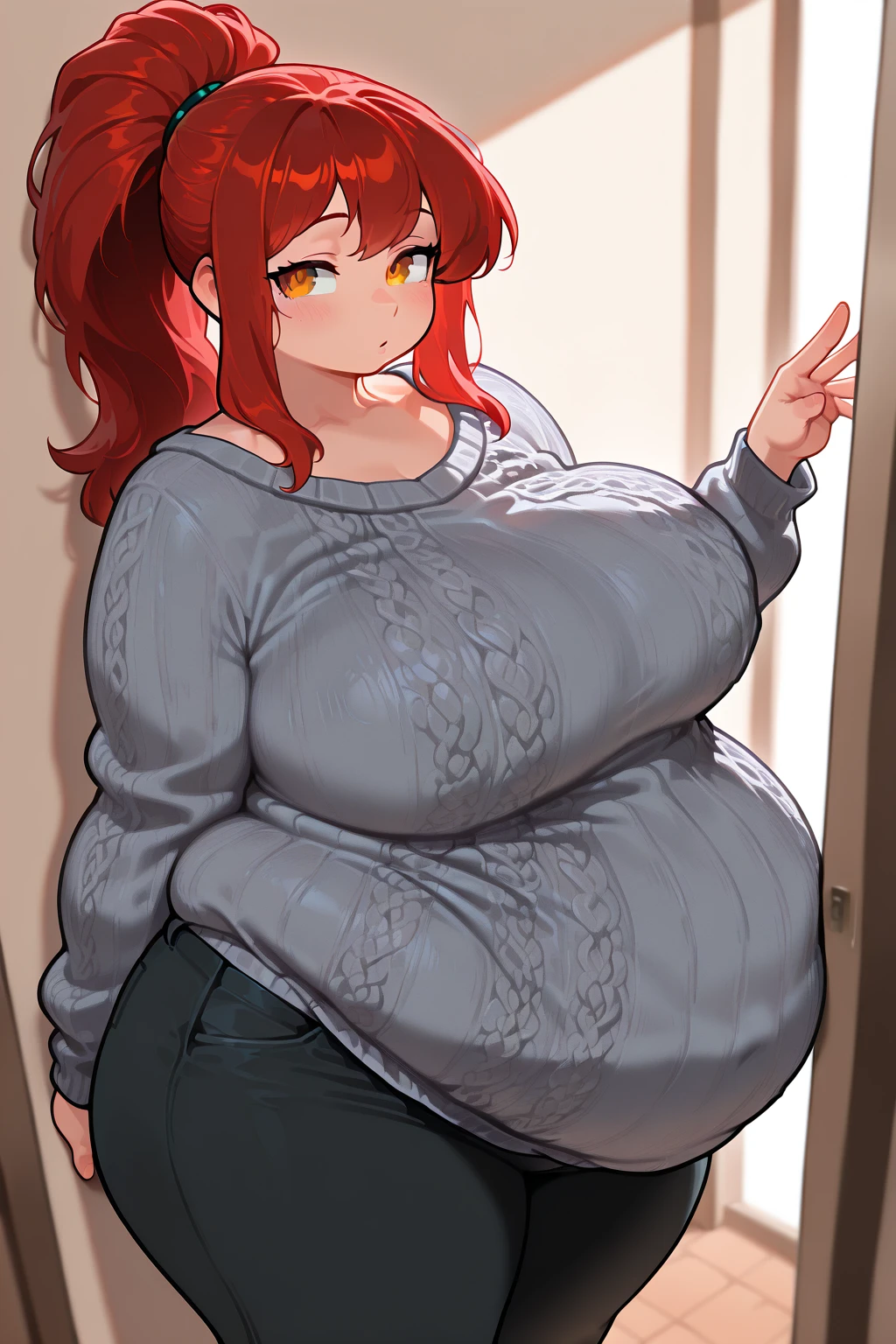 (score_9, score_8_up), score_7_up, score_6_up, best quality, highest quality,
sunny,
1girl, (red hair, wavy hair), long eyelashes, freckles,
huge breasts,
action lines, speed lines,
top, tearing clothes,
breast expansion, surprised looking down, looking at own breasts, question mark, ?, exclamation mark, !,
doujinshi, <lora:Doujinshi_Booba_PDXL_V2:1.3>