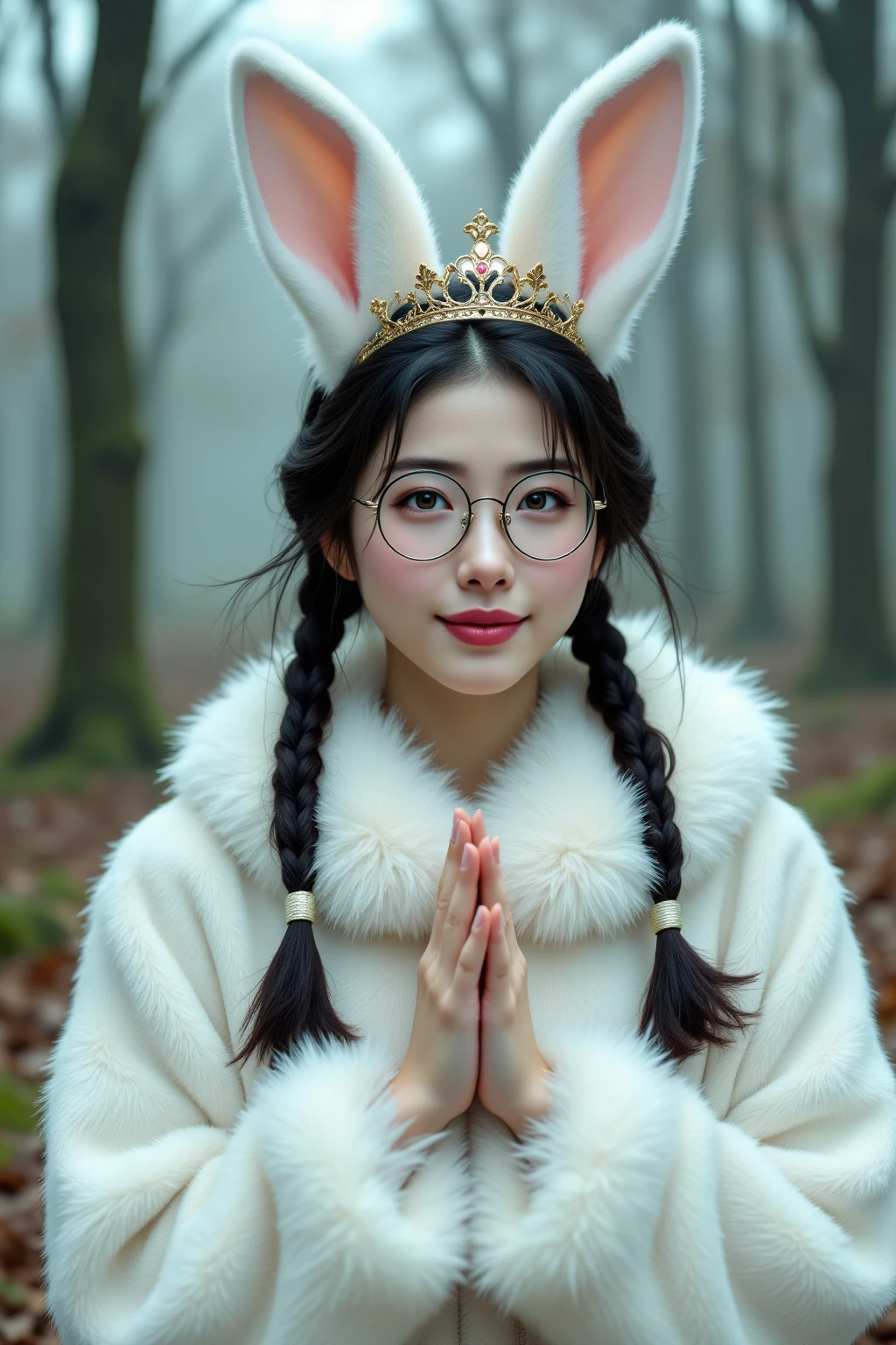 1Woman、 upper body, front view, low angle shot, intense wide shot, golden ratio,The Queen of Rabbits、 8k Resolution, best image quality, Professional photo, hyperrealistic, (Very Detailed:1.1), (depicting every detail:1.1), correct number of fingers in the royal palace, Natural fingers, natural joint , five fingers, correct  of hands, articulated fingers (fingers with clear joints),natural posing、correct number of fingers in the royal palace、natural hand joints、depicting every detail、 She's a Japanese beauty idol、dark haired、has braids on the left and right、Unframed Round Glasses、Kigurumi the warm rabbit、Wearing a warm white fur dress、has a small crown on her head、she's looking at me with a proud smile、 Photorealistic style,The location is in the forest on a foggy morning、