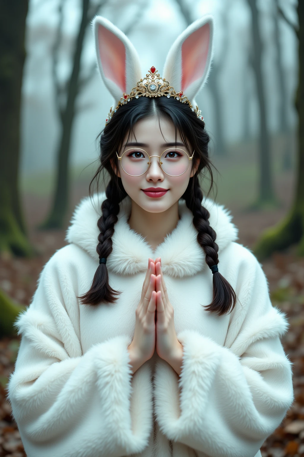 1Woman、 upper body, front view, low angle shot, intense wide shot, golden ratio,The Queen of Rabbits、 8k Resolution, best image quality, Professional photo, hyperrealistic, (Very Detailed:1.1), (depicting every detail:1.1), correct number of fingers in the royal palace, Natural fingers, natural joint , five fingers, correct  of hands, articulated fingers (fingers with clear joints),natural posing、correct number of fingers in the royal palace、natural hand joints、depicting every detail、 She's a Japanese beauty idol、dark haired、has braids on the left and right、Unframed Round Glasses、Kigurumi the warm rabbit、Wearing a warm white fur dress、has a small crown on her head、she's looking at me with a proud smile、 Photorealistic style,The location is in the forest on a foggy morning、