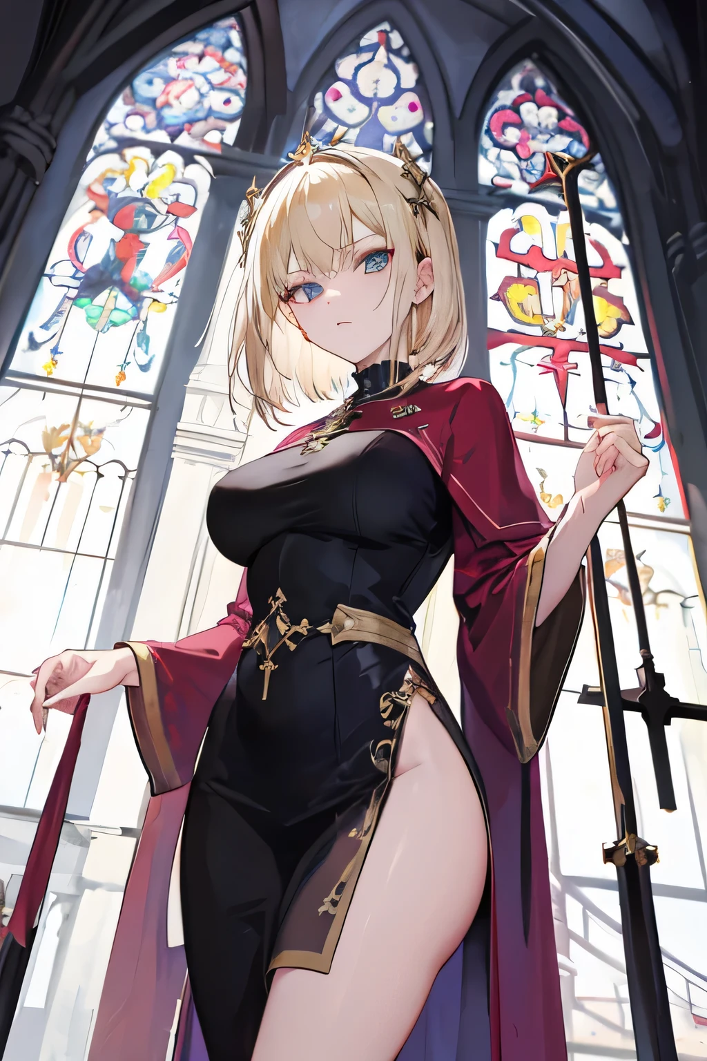 Personagem de anime feminina, cabelo dourado, She is a saint of the church and has an ecclesiastical appearance, she's hot, chamativa e atraente, your eyes are amber in color, her body is voluminous and she is imposing, olhar imponente. She is badass. Cabelo dourado, roupa sobre todos corpo, divine traits