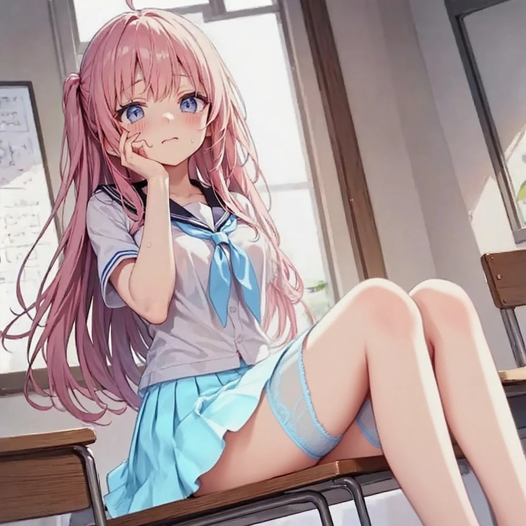 From above, (Squint your eyes:1.2), close, One Girl, blush, sit, nsfw,beautiful girl,Wear a uniform, Light blue skirt, Anime move,Two Side Up