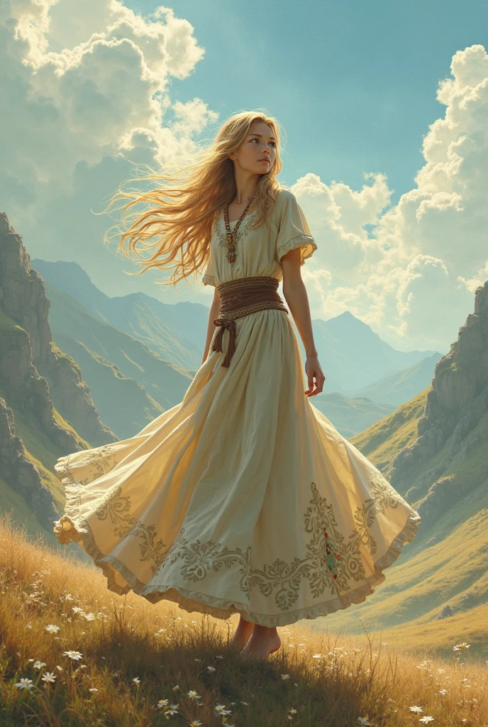 A colored pencil sketch of A beautiful woman, with hair that is coarse, wiry, and tightly curled. It often has a rough texture, feels stiff to the touch, and may be prone to frizz and tangling. curls can be densely packed. Long southwestern style dress, hoop earing and jewelry. Skirts billowing in breeze. The Official Art – An Award-Winning Digital Masterpiece In 4K Ultra HD, Extreme Detail And Intricate Realism. This Concept Art Brought To Life By The Hands Of Artists Like Wlop & Artgerm In A Stunning 2D Vector Illustration. Masiela Lusha. LArge, perky, voluptuous, full, well shaped pleasing breasts. Background is a panoramic vista of redrock canyon.