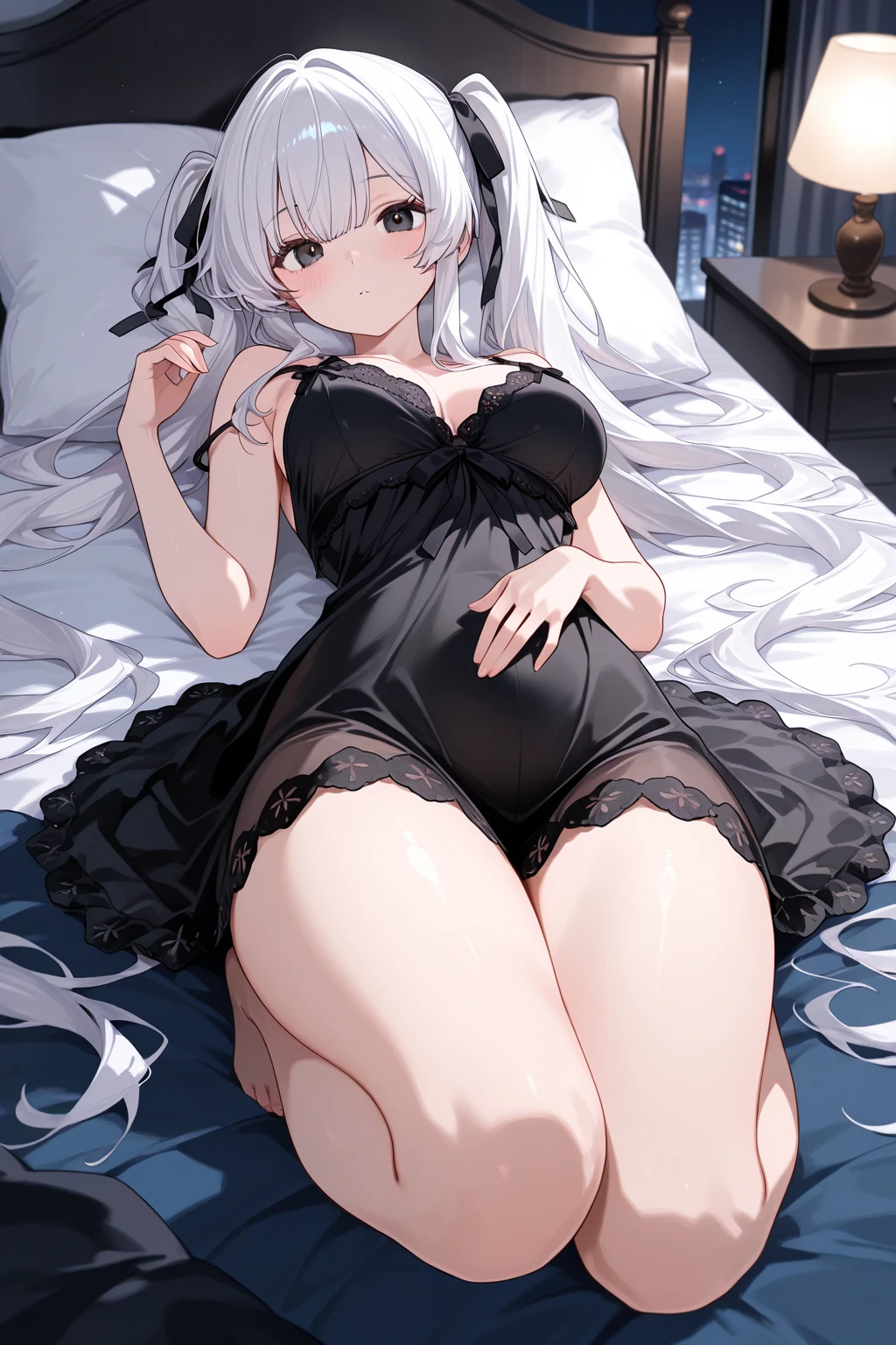 one pregnant anime girl with white hair and red eyes, chained and laying on a bed. Sad. breast feeding