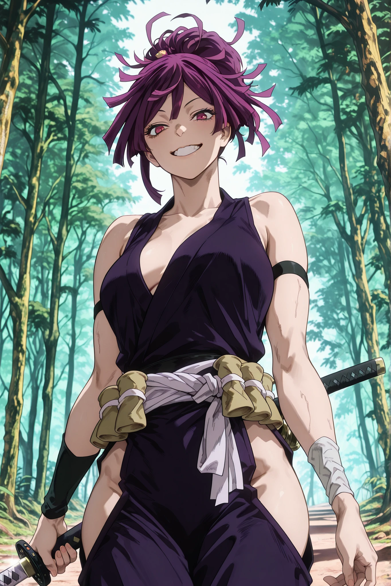 score 9, score 8+, score 7+, score 6+, score 5+, score 4+, Yuzuriha (Jigokuraku), 1 female, solo, weapon, sword, purple hair, looking at viewer, mouth open, hip vent, smiling, ponytail, armband, kimono, red eyes, cowboy shot, grinning, forest background, (masterpiece), (best quality), (ultra-detailed), (best illustration), (best shadow), (very high resolution), (detailed background), (very beautiful),

solo, alone,  jba_style, masterpiece, highres