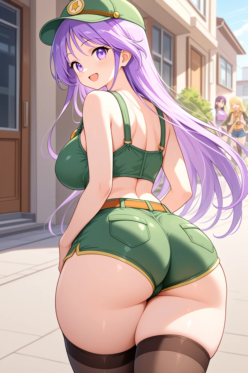 Code Geass, C.C, 1girl, (((bimbo))), long green hair, yellow eyes, ear rings, puffy lips, painted lips, thick lips, wide hips, thick thighs, small breast, huge ass, unerboob, erotic, sexy face, bubble butt, camel toe, black shorts, crop top, ass posing, looking back, legs,
