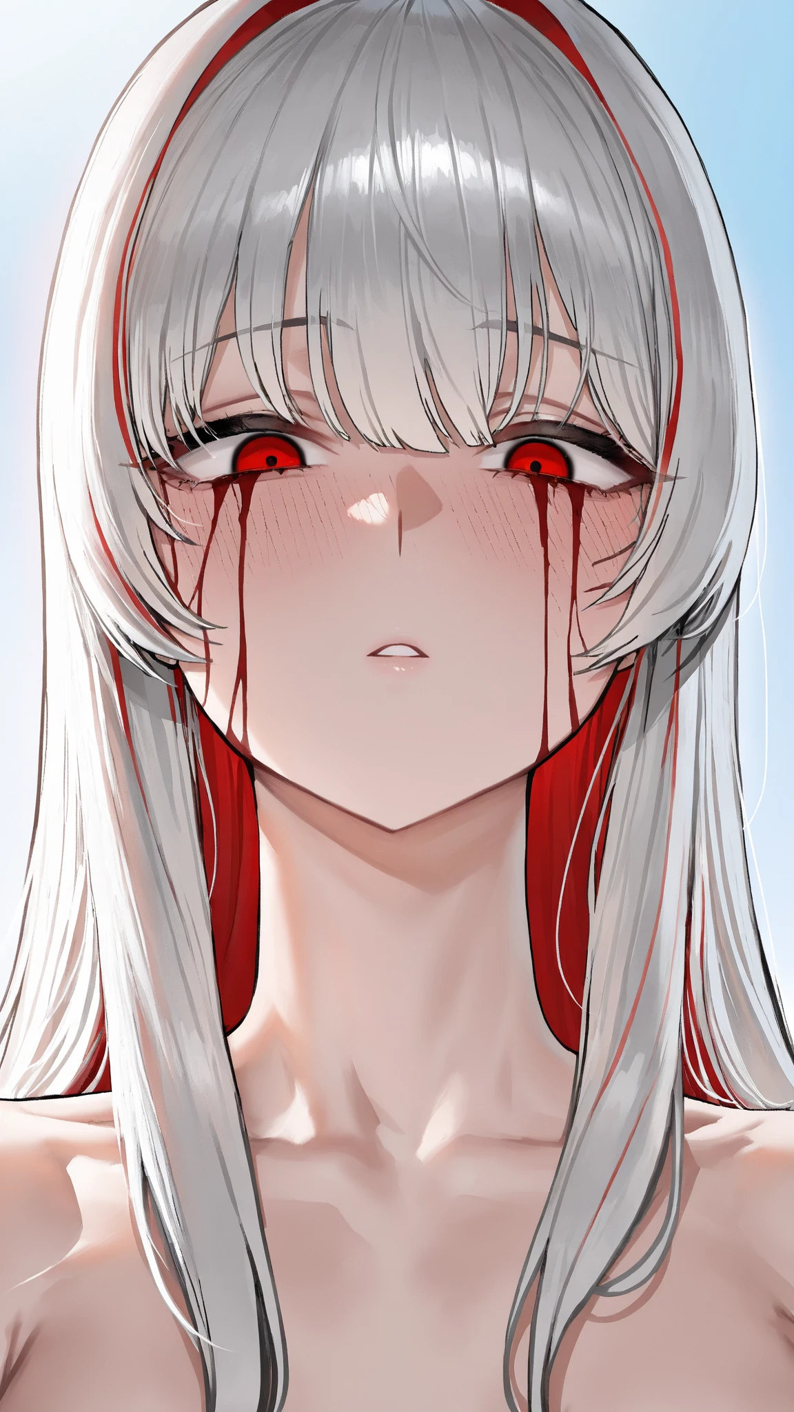 masterpiece, best quality, ultra-detailed, highres, 1girl, red eyes, white hair, blushing, wide-eyed, open mouth, parted lips,constricted pupils, horrified expression, small pupils, yandere , dead eyes, scary eyes, shaded face, bloodshot eyes, blood spray, scary girl with blood on her face,freeze frame of a horror movie, (crazy smile:1.2), portrait of a girl, Screentone
