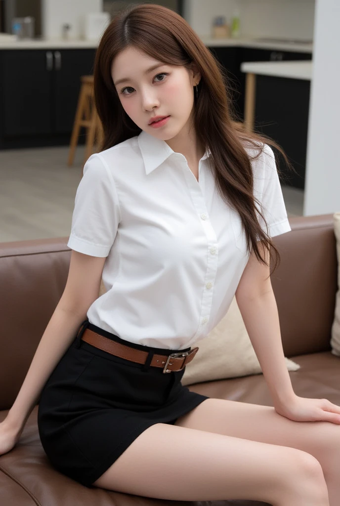 highest quality、Realistically、Glowing Skin、Japanese women、Early 20s、Gravure idol、Her Room、Sit on a chair、Uniform Cosplay、shirt、Dark Blue Skirt、Good body、smile at the camera、