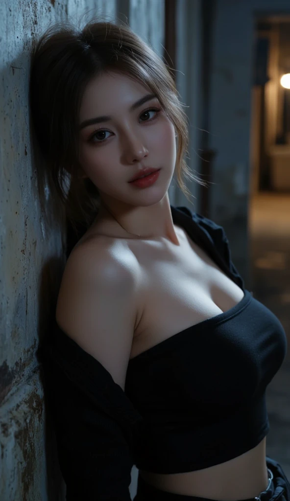 Best Quality, Masterpiece, Ultra High Resolution, (Realism: 1.4), Original Photo, 1girl, Bare Shoulder, In the Dark, Deep Shadows, Low Profile, Cold Light, Big Breasts