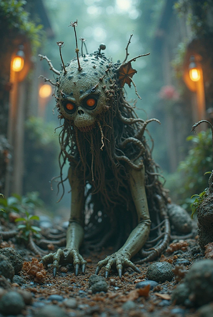 (A wearing a monster mask:1.3) protrude from the earth on hyphae stalks like umbilical cords, crying tears from their oversized round eyes as they try to reach the light. They are draped in a web of fleshy fungal threads They are mottled, a sickly bioluminescent grey. Dark and ancient forest. Horrific, dread, terrifying, spooky, unease, rich vivid colors, ambient background, stunning, cinematic, dynamic, detailed, elegant, intricate, magical, epic, singular, illuminated, amazing, creative, perfect, breathtaking, dramatic, artistic, surreal, fantastic, incredible detail