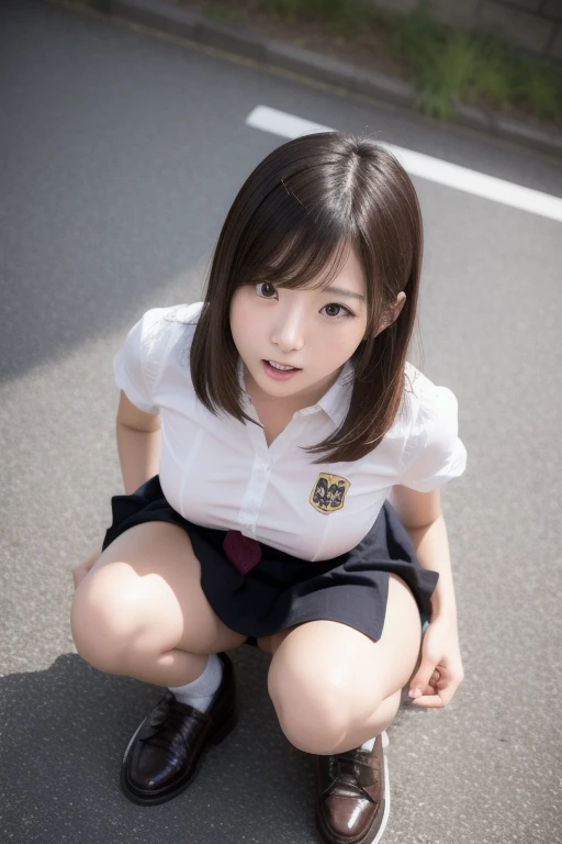 Ultra HD、High resolution、Woman in her early teens、reality、naked、全nakedに黒色のローファーと紺色の靴下のみ着用、Exhibitionism、Photographed in an empty schoolyard early in the morning、J-Cup Big Breasts、Bust 100cm、There are sun tan marks on the skin..、Full Body Shot、Bend your knees and spread your legs wide、A tense face、A worried expression、Wearing black loafers and navy blue socks、