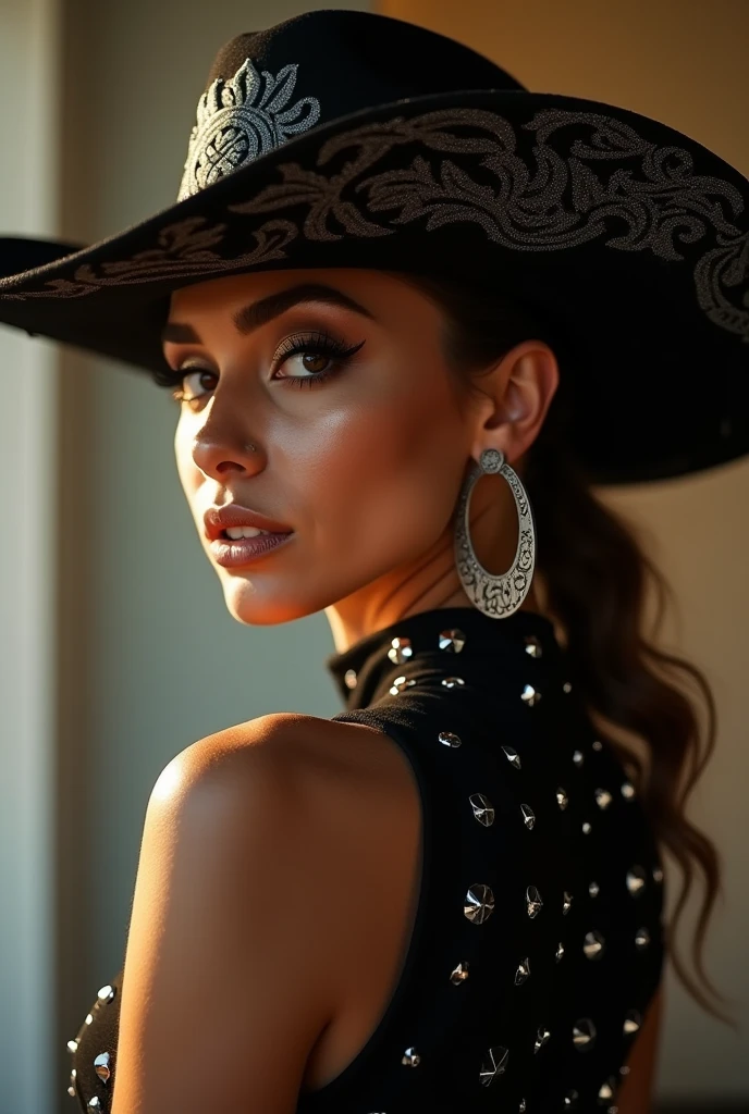 Gorgeous european woman with short hair, braided hair, wet hair, hair slicked back, combed straight back, slick hair, black gradient hair, dressed as a gypsy pirate, small pirate hat, jewelry, cleavage, glamour, solid dark grey background