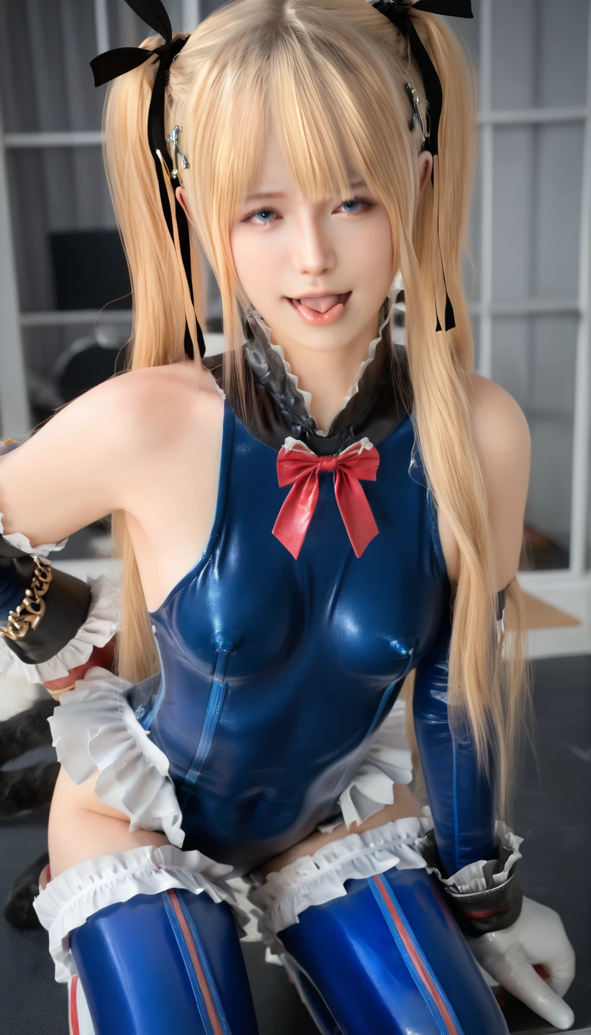 photo realistic, (Realistic), professional photography, serene expression, Seducing the audience, sexually suggestive, ( ,{perfect anatomy},Realistic, Photo Realistic, best quality, , ultra detailed, detailed skin, (best quality), (ultra detailed), photoRealistic, ,{perfect anatomy}, sweet, , short tie loli girl, alone, beautiful young woman, 16 years old, Realistic skin texture, shiny skin, perfect slim body,Marie Rose\(dead or alive\) \(cosplay\),zzMarie, blue eyes, blonde hair, hair ornament, hair ribbon, long hair, cat tail, very long hair, x hair ornament, one piece swimsuit, blue one piece swimsuit, black ribbon, ruffled swimsuit, ribbon, ruffles, dead or alive, bare shoulders, blue thigh high socks, elbow length gloves, highlighted sleeves), perfect beautiful body, breasts, engagement ring, (ahegao face, cross-eyed, ((tongue out)), crouched