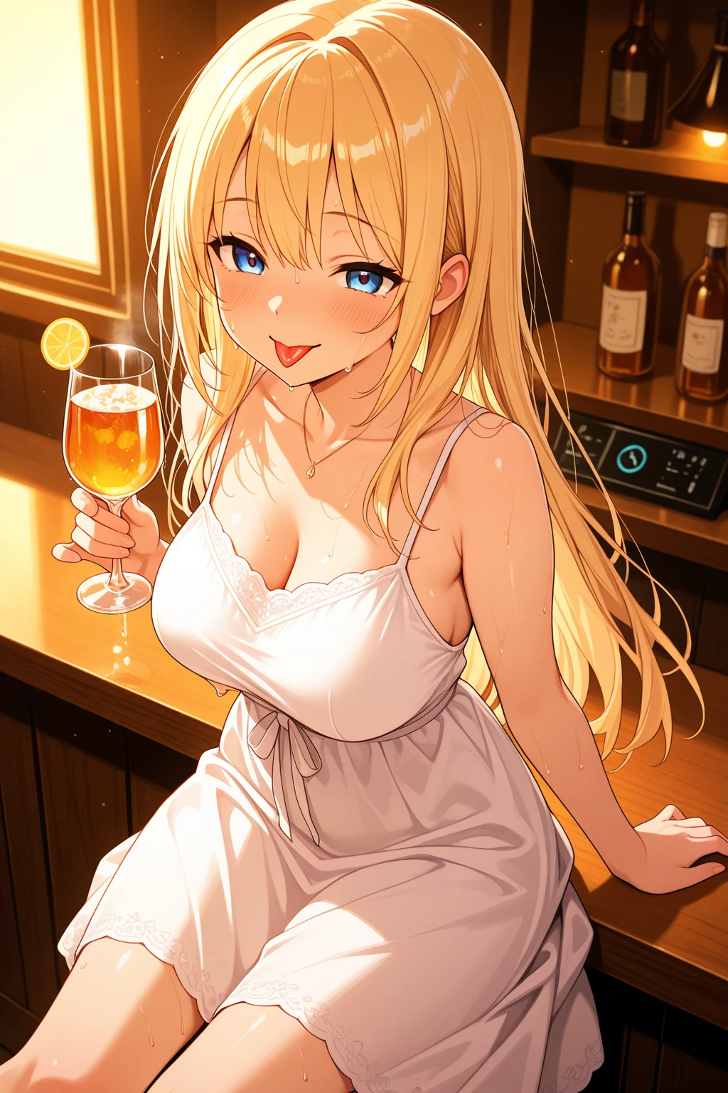(original photo, best quality), 1 blonde girl, moon, natural lighting, Upper body, naked shirt, cafes, Smile, Satosh Khan Art Style