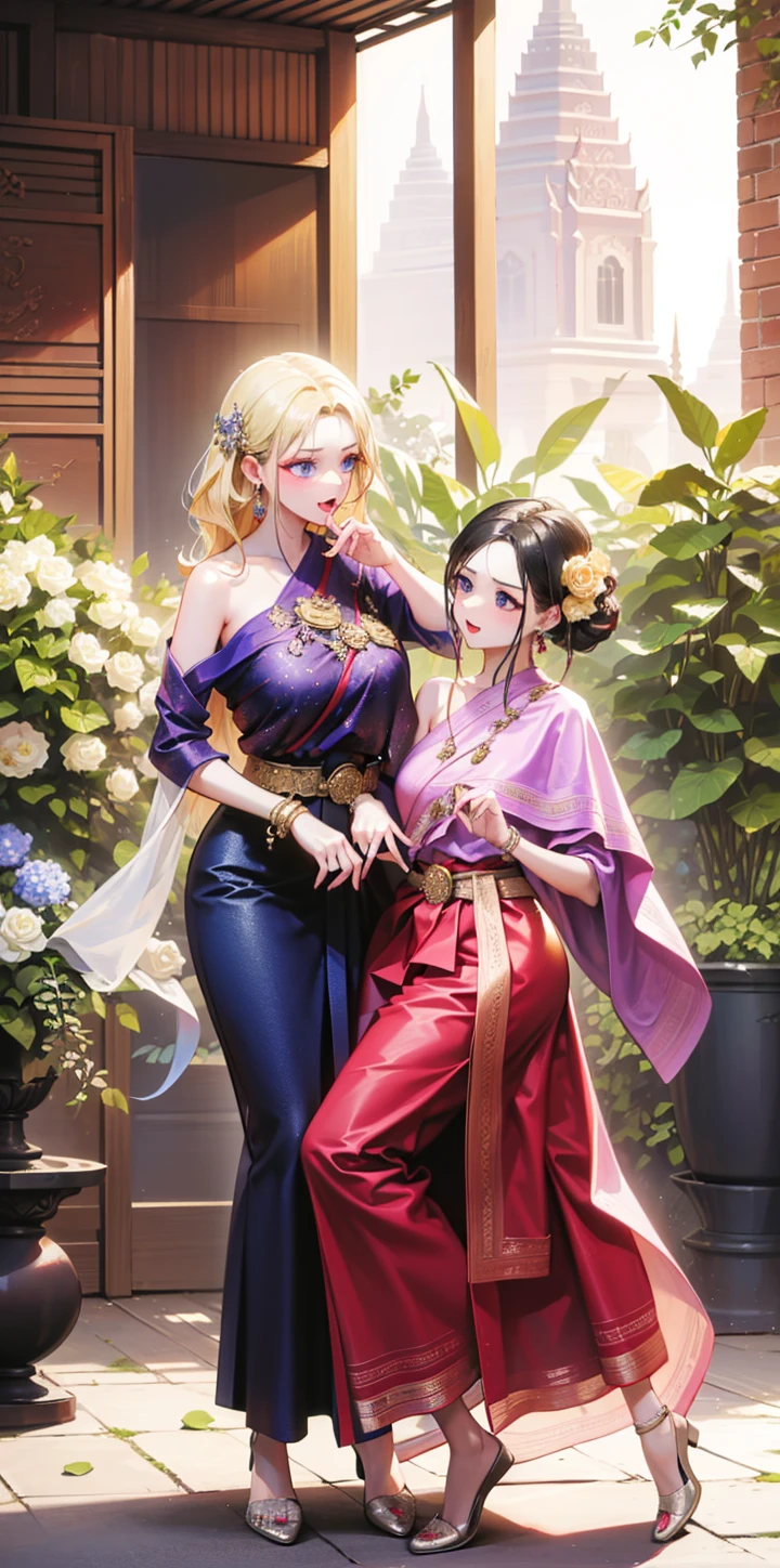 (((3 young adult women ,beautiful woman))),folk girl,long, blonde hair , blue eyes , braid ,Purple Thai dress,กระโปรงไทยโบราณlong,holding a jasmine garland,countryside,countryside,beautiful scenery,Ancient ruins of Ayutthaya,smile with teeth,forehead,forehead exposed,big ,rift, ,(3 young adult women ,beautiful woman),หน้าอกbig,Show your breasts,The cracks are clear.....,((หัวนมbig)),(pubic bone), rift, visible chest,seductive pose,I see bulging nipples.,(((areolae ขนาดbig:1.4,pink,The nipples are clearly visible........))),(Separate outfit showing nipples:1.4), (semi-naked:1.8)