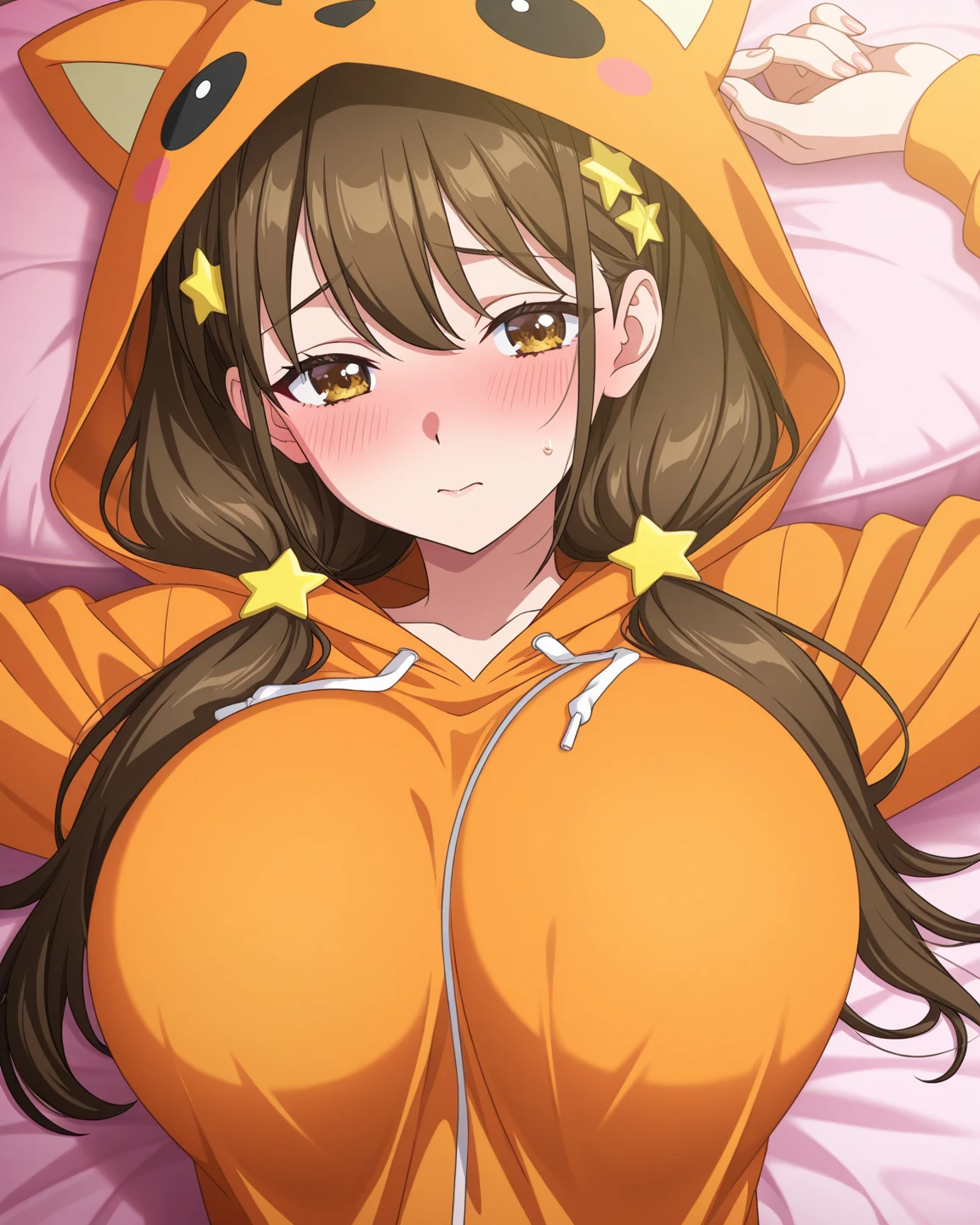 1girl, solo, high res
, sena bonbon, fall female, brown hair, hair clip, bear ears, medium hair, vtuber, large breasts, orange eyes
, standing happy, orange pajamas