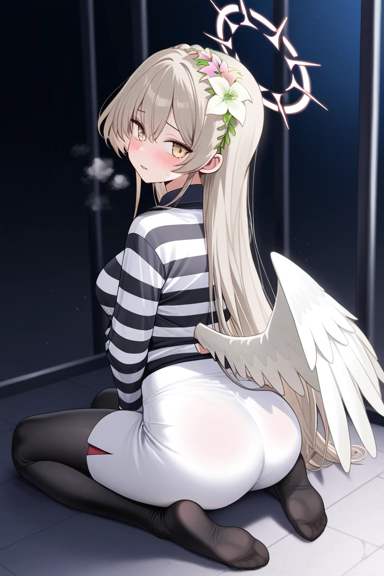 source_anime, anime style, 1girl, kokona-nosleeves,kokona \(blue archive\),orange eyes,multicolored hair,very long hair,animal ears,halo,black dress,(white skirt:1.2),bare arms,black socks, anal sex, pov, penis
