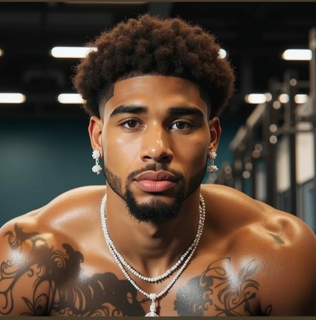 (masterpiece, intricately detailed, highest resolution, best quality:1.2), (doujin), a cocky Miles Morales daddy, a 21 y.o muscle stud with a muscular physique sitting on a chair with blue eyes,dark-skinned male, wearing a ((open jacket, chav, armbands)), (excessive cum), (cum on body), (cum drip), flaccid penis,saggy balls,hairy chest,vascular,muscle striations,soft light,fantastic realism,
